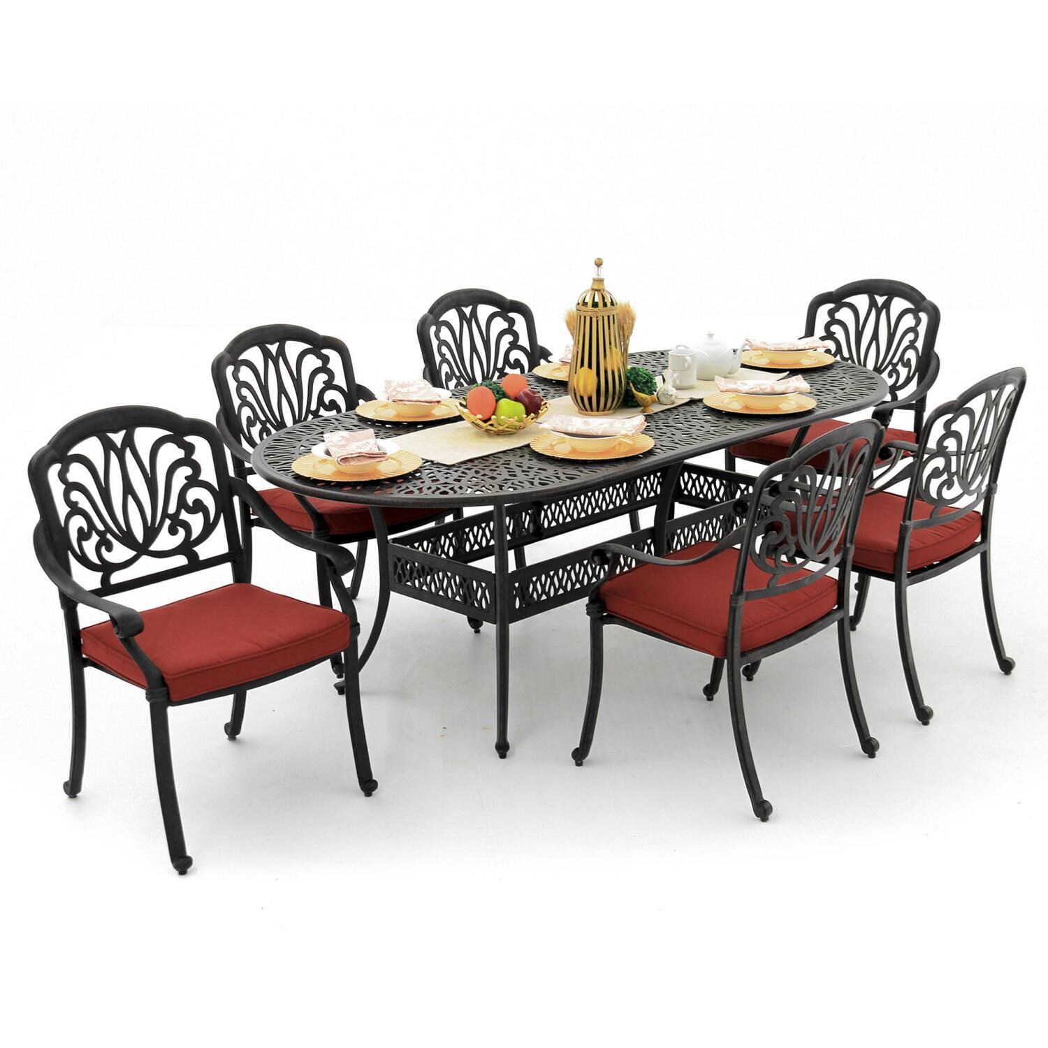 Rosedown 7 Piece Cast Aluminum Patio Dining Set With 86 X 42-Inch Oval Table - Canvas Henna Angled View thumbnail