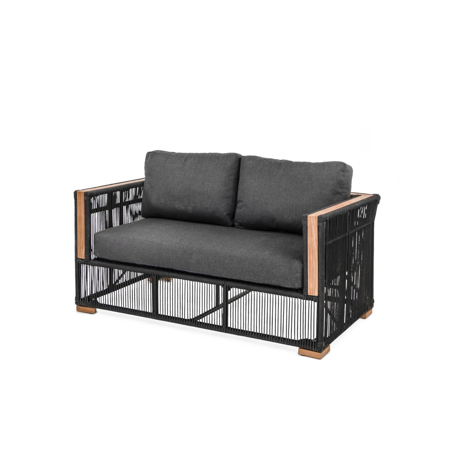 Teak + Table Breeze Olefin Rope & Teak Patio Loveseat in Charcoal/Carbon - Angled View - White Background thumbnail