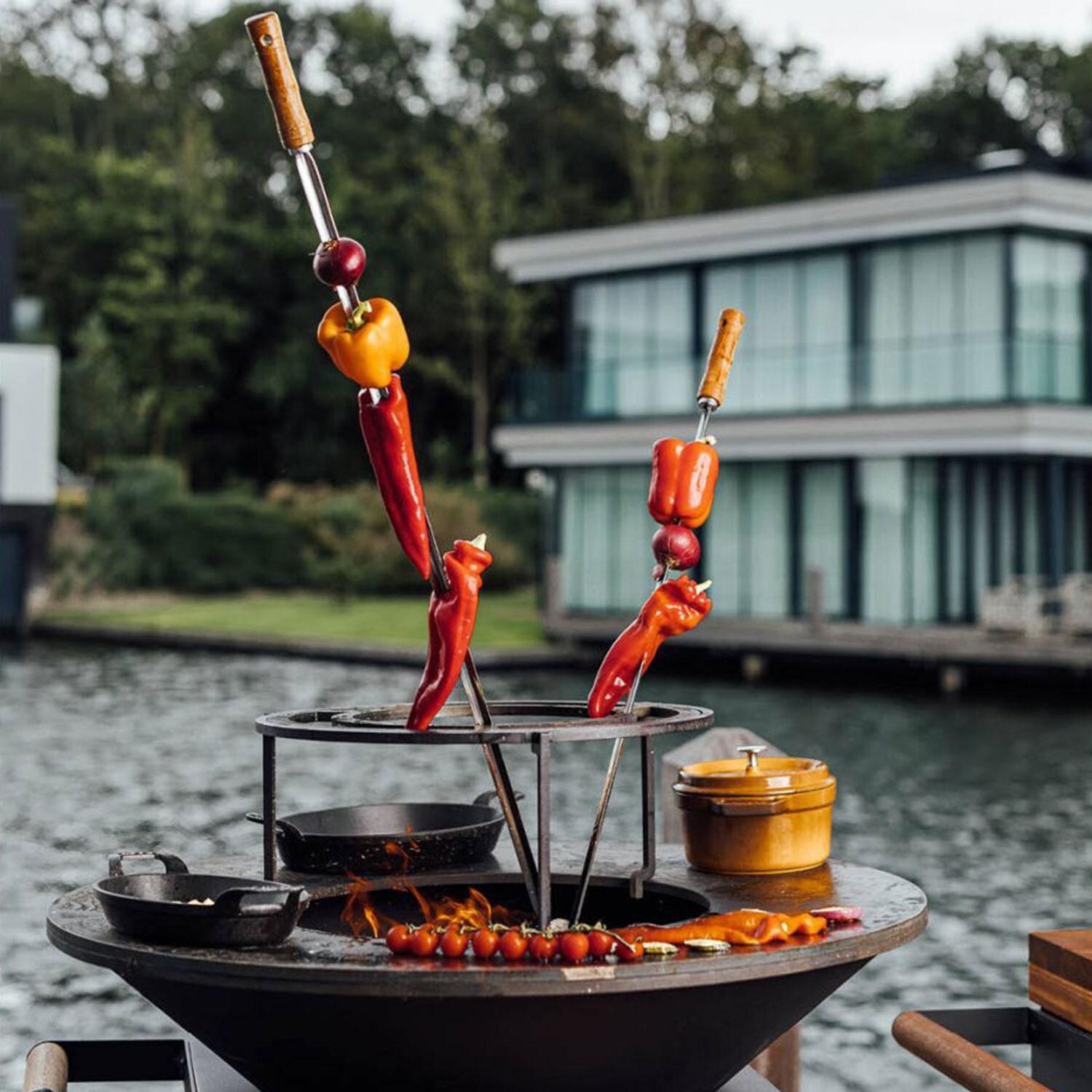 OFYR OA-G-B-R-100 19 Inch Brazilian Grill Ring Rack 100 - Jalepenos & Peppers on Skewers - Boat Dock - Lifestyle thumbnail