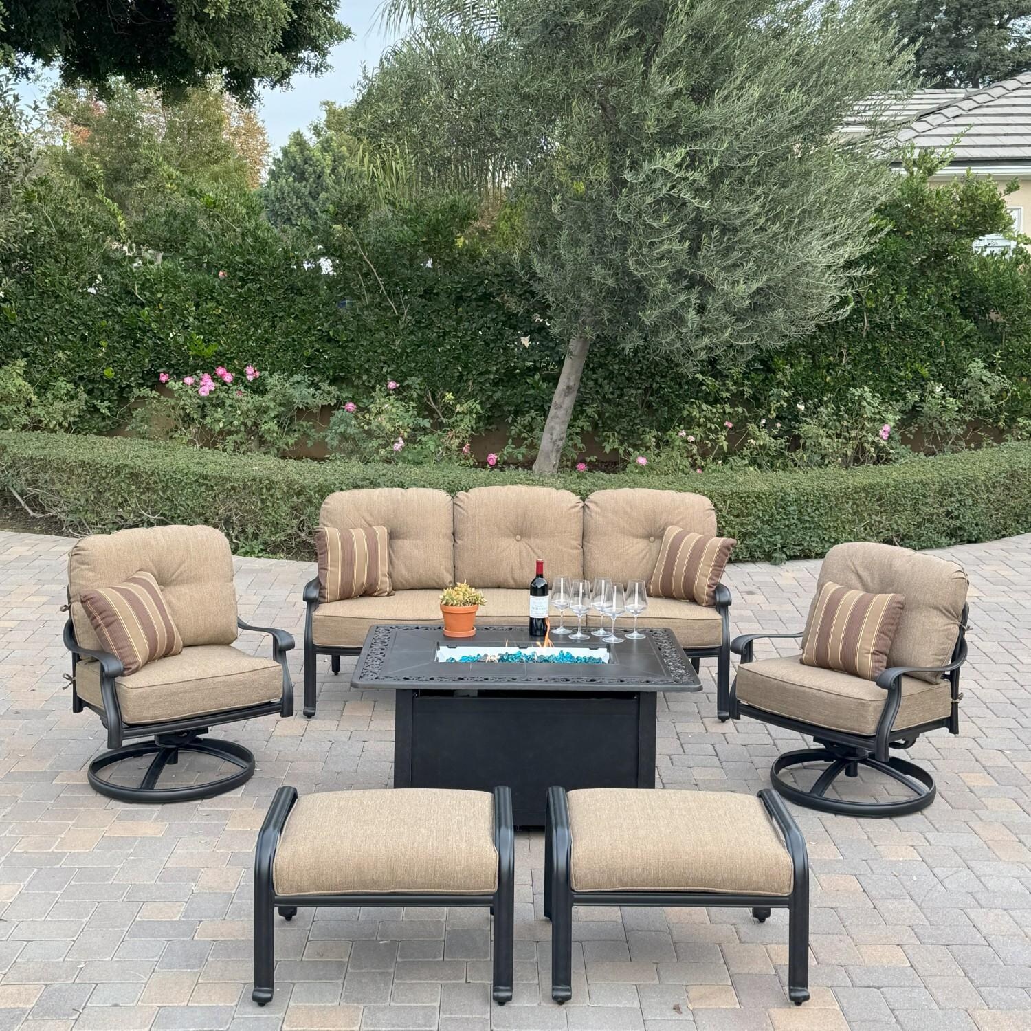 Elisabeth 6 Pc Set Cast Aluminum Seating Set w/ 49 X 35 Inch Fire Pit Table w/ 2 Chairs and 2 Ottomans in Sesame/Antique Bronze by Darlee - Hero - Lifestyle thumbnail