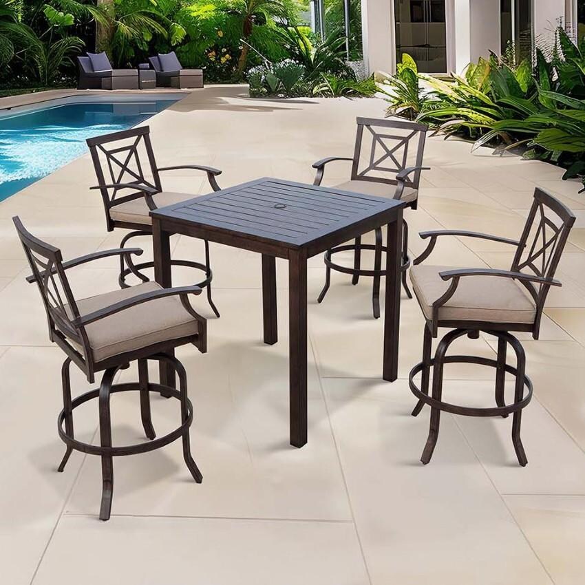 Atlantis Aluminum Swivel Bar Stool Set of 2 w/ Beige Cushions in Walnut By Darlee - Shown w/ Set - Lifestyle thumbnail