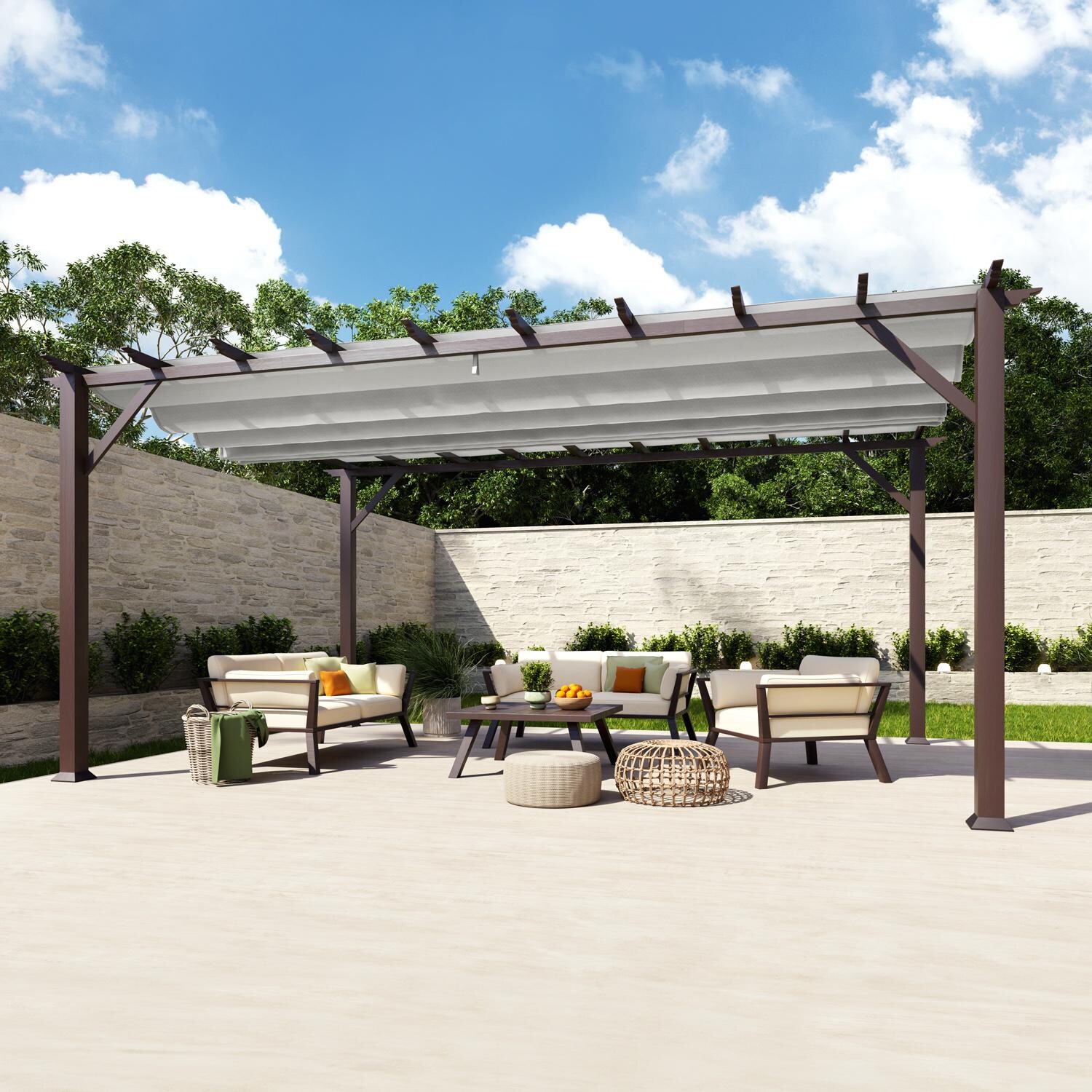 Paragon Outdoor PR16WD2G Florence 11' x 16' Chilean Ipe Pergola w/ Gray Canopy - Side - Lifestyle thumbnail