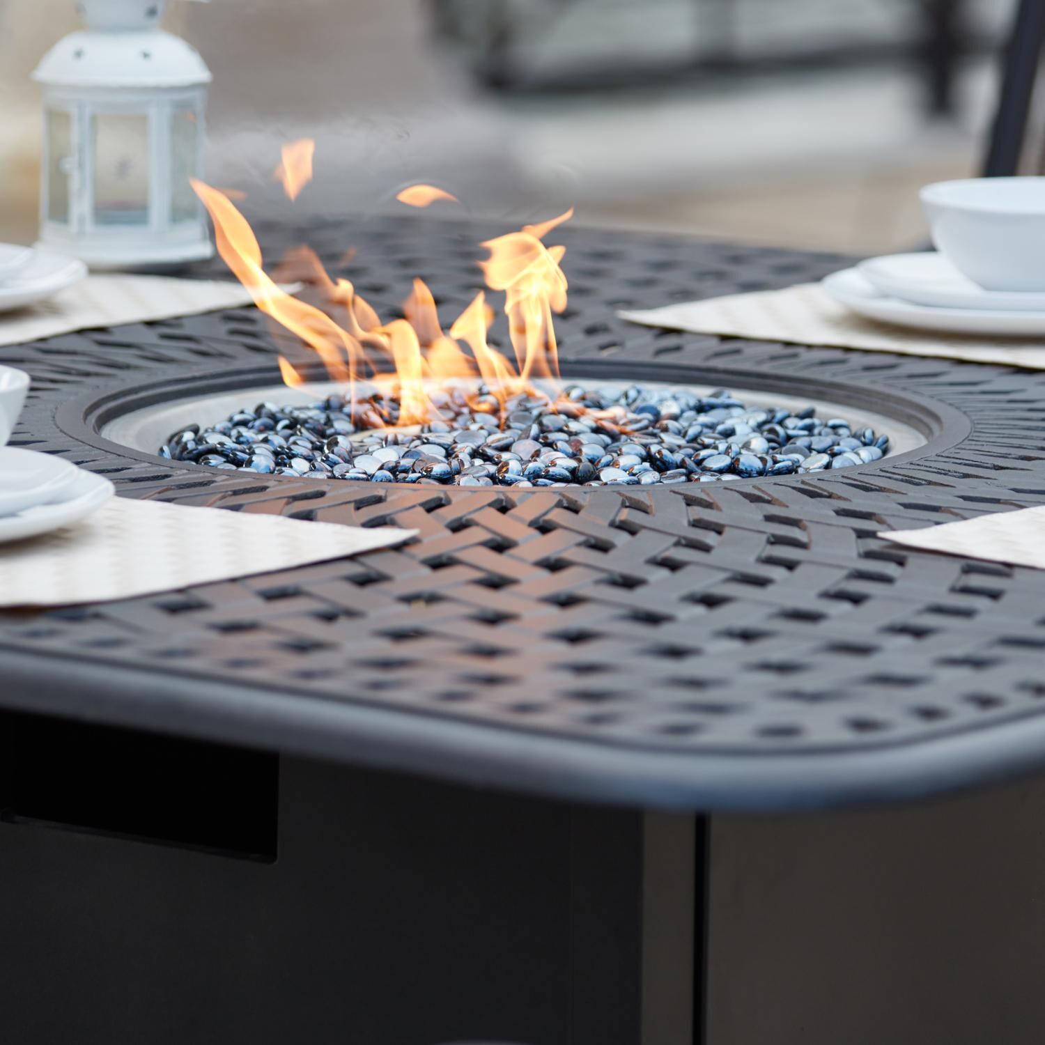 Darlee DL2052-9PC-60GW Santa Monica 9 Piece Cast Aluminum Patio Fire Pit Dining Set W/ 64 Inch Square Table & Sesame Cushions - Tab;e Detail thumbnail