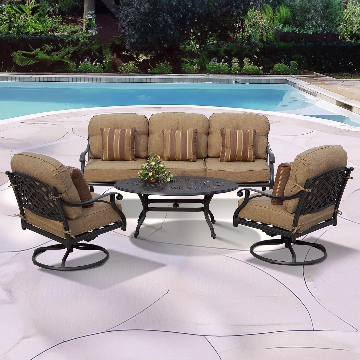 Nassau 4 Pc Cast Aluminum Seating Set w/ 46 X 31 Inch Oval Table w/ Swivel Rockers & Throw Pillows in Antique Bronze/Sesame by Darlee