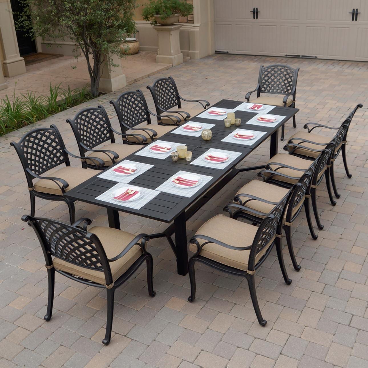 Darlee DL13-11PCD-2350LE-S Nassau 11 Pc Cast Aluminum Dining Set in Antique Bronze w/ Sesame Cushions - Set - Lifestyle thumbnail