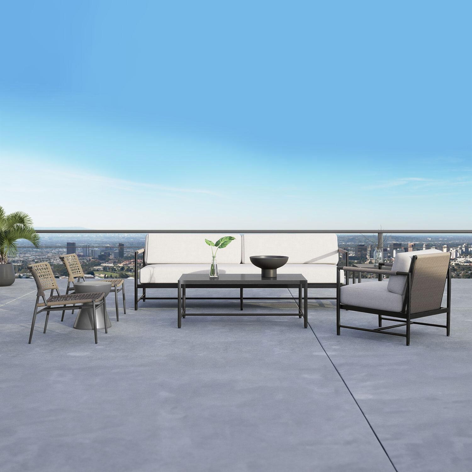 Pietra Rope & Aluminum Patio Loveseat in Dupione Celeste w/ No Welt by Sunset West - Balcony - Styled W/ Outdoor Furniture Shown in Echo Ash Cushion Color finish (Only Loveseat Included) - Lifestyle thumbnail