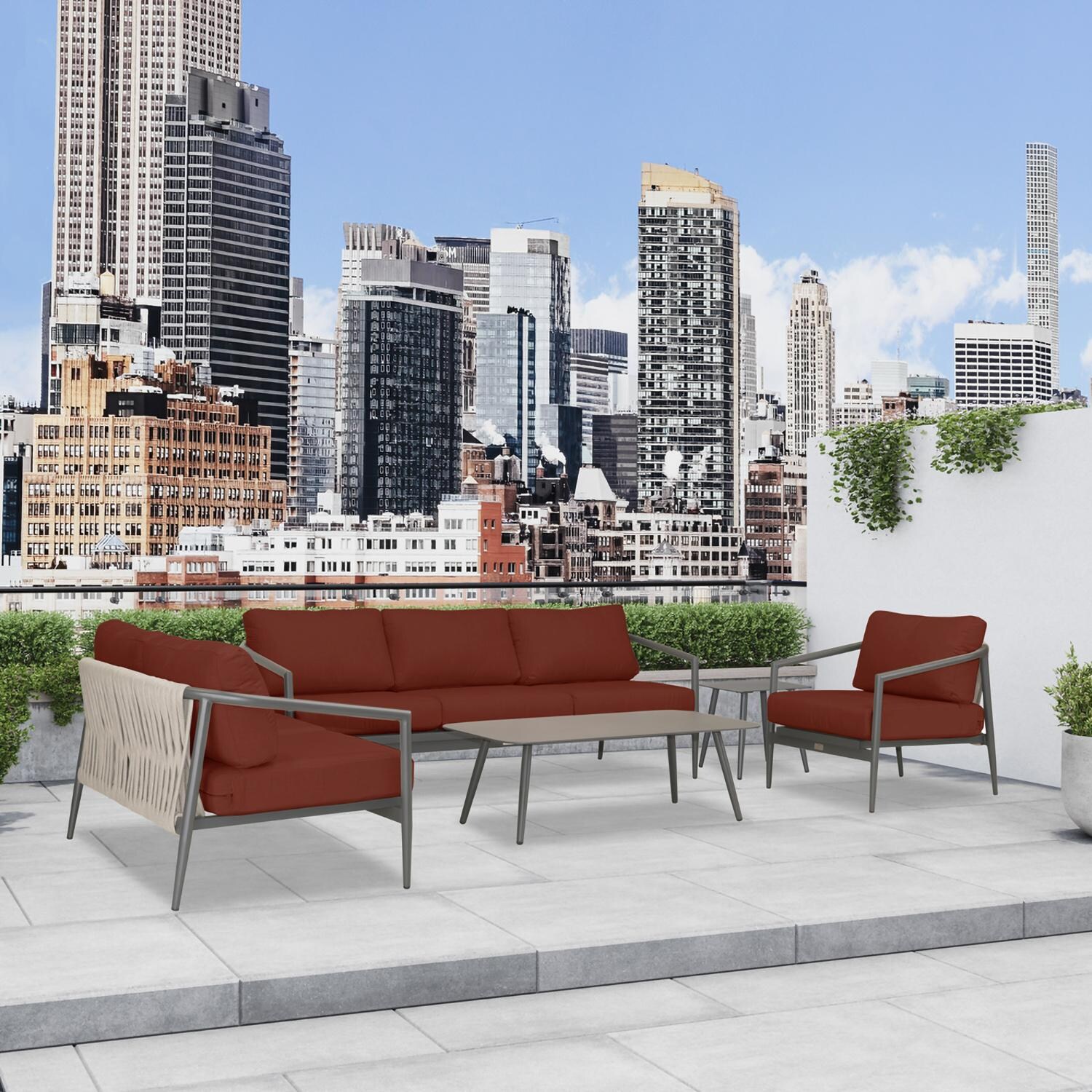 Lakeview Midnight Cove 5 Pc Aluminum Sofa Seating Set in Slate/Pebble Gray/Canvas Henna - Detail - Lifestyle thumbnail