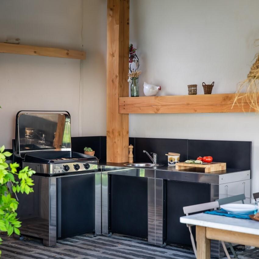 ENO 3 Burner Natural Gas Plancha L Shaped Outdoor Kitchen Island with Sink, Storage Shelves, Drawer, and Cleaning Kit thumbnail