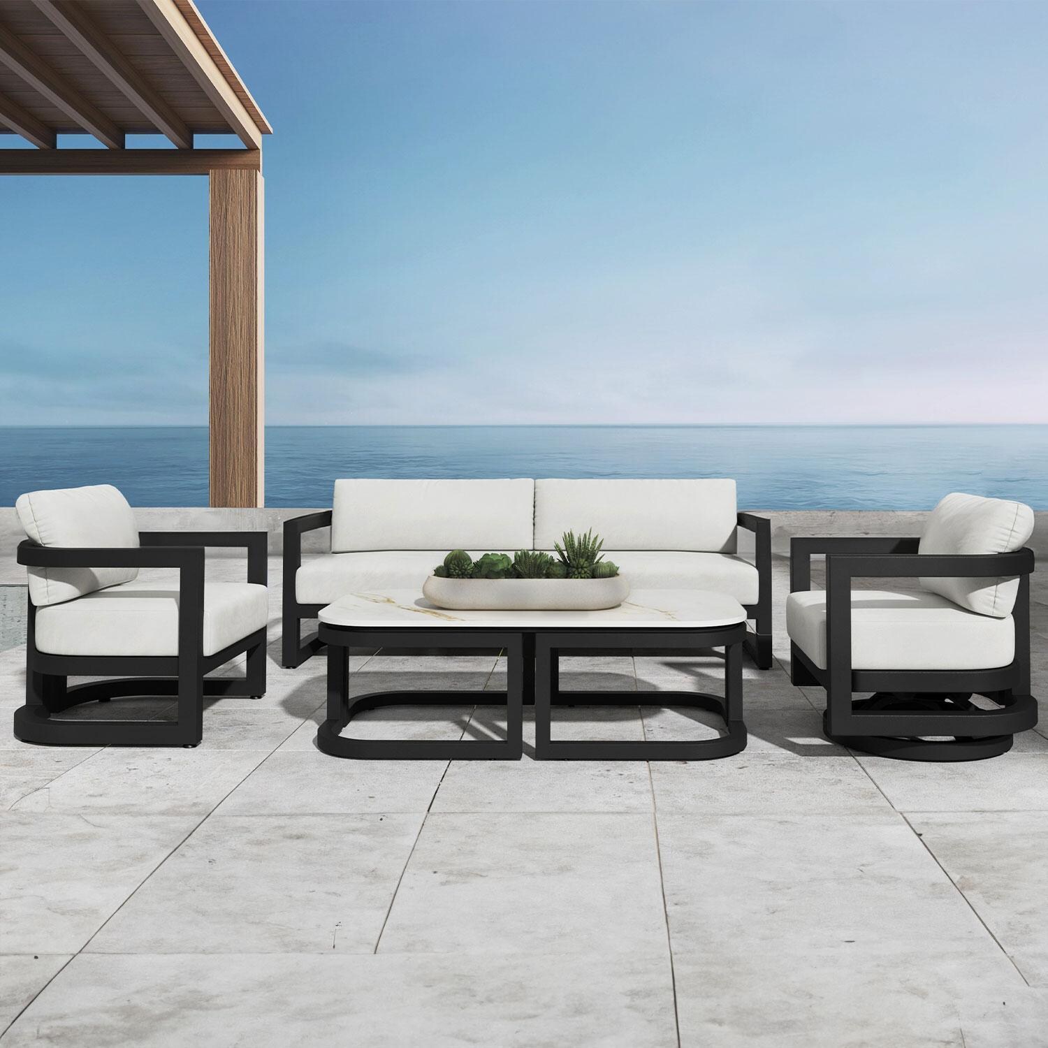 Malibu 6 Pc Aluminum Seating Set By Sunset West - Balcony - Ocean View - Lifestyle thumbnail