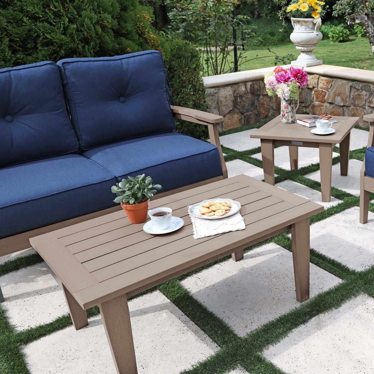 Blushing Bay 4 Pc Recycled Plastic Seating Set in Spectrum Indigo/Woodland Brown by Lakeview Outdoor Designs - Close Up - Lifestyle thumbnail