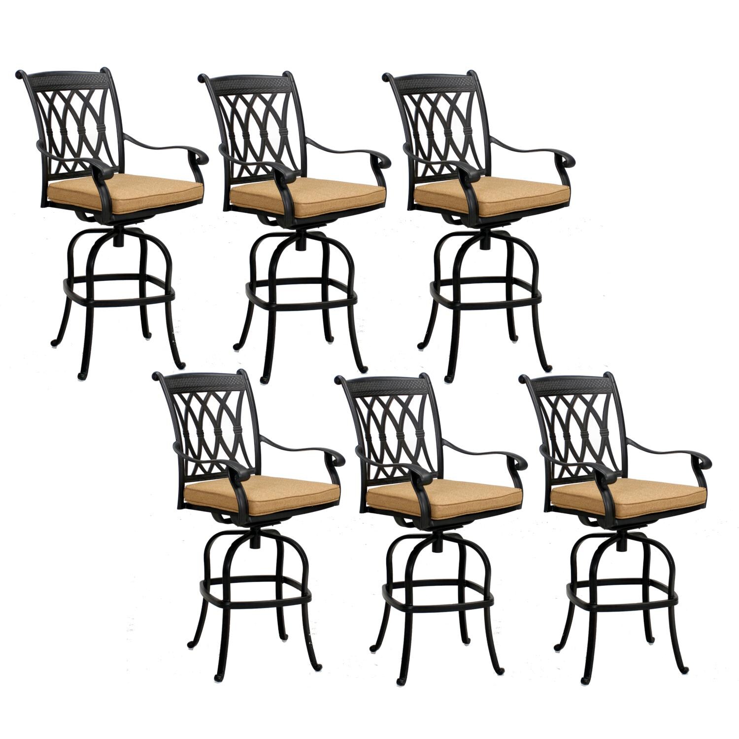 Capri 6 Piece Cast Aluminum Patio Swivel Bar Stool Set W/ Sesame Polyester Cushions By Darlee
