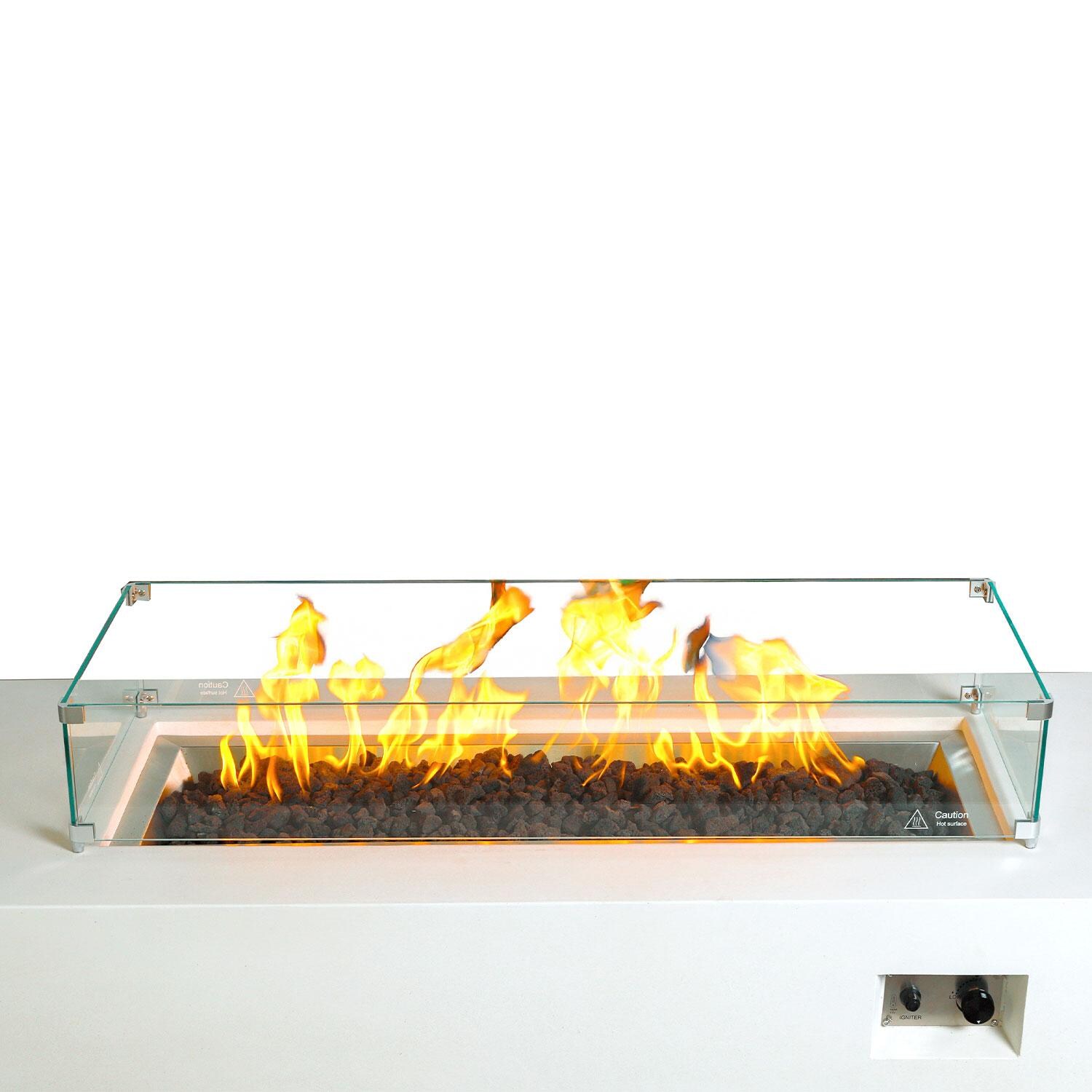 Glenwood 72-in Rectangular Concrete Natural Gas Fire Pit in White by Lakeview Outdoor Designs - Glass Wind Guard - Close Up - White Background thumbnail