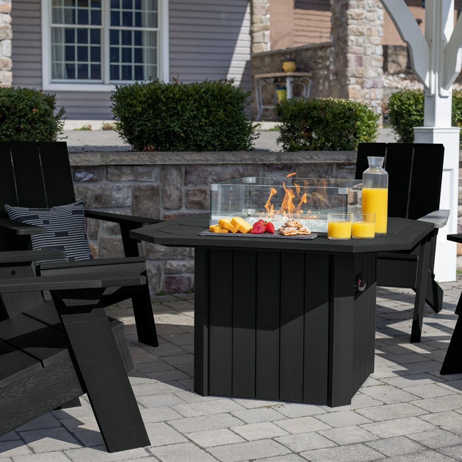 Harborview 5 Pc Adirondack Set W/ Fire Pit Table in Black by Lakeview Outdoor Designs - Fire Pit Table Close Up - Detail thumbnail