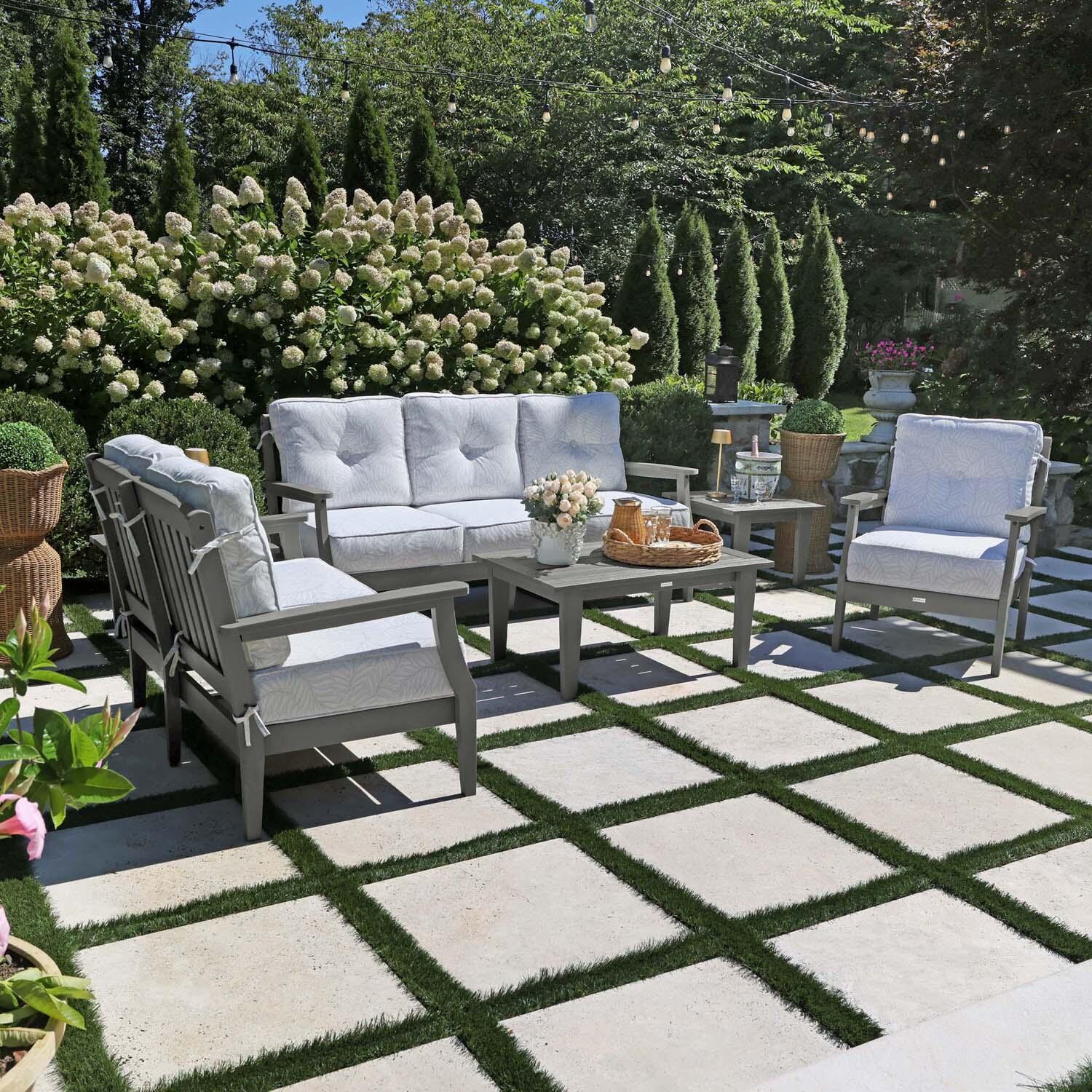 Blushing Bay 6 Pc Recycled Plastic Grand Seating Set in Lively Parchment/Coastal Teak by Lakeview Outdoor Designs - Left Angled - Lifestyle thumbnail