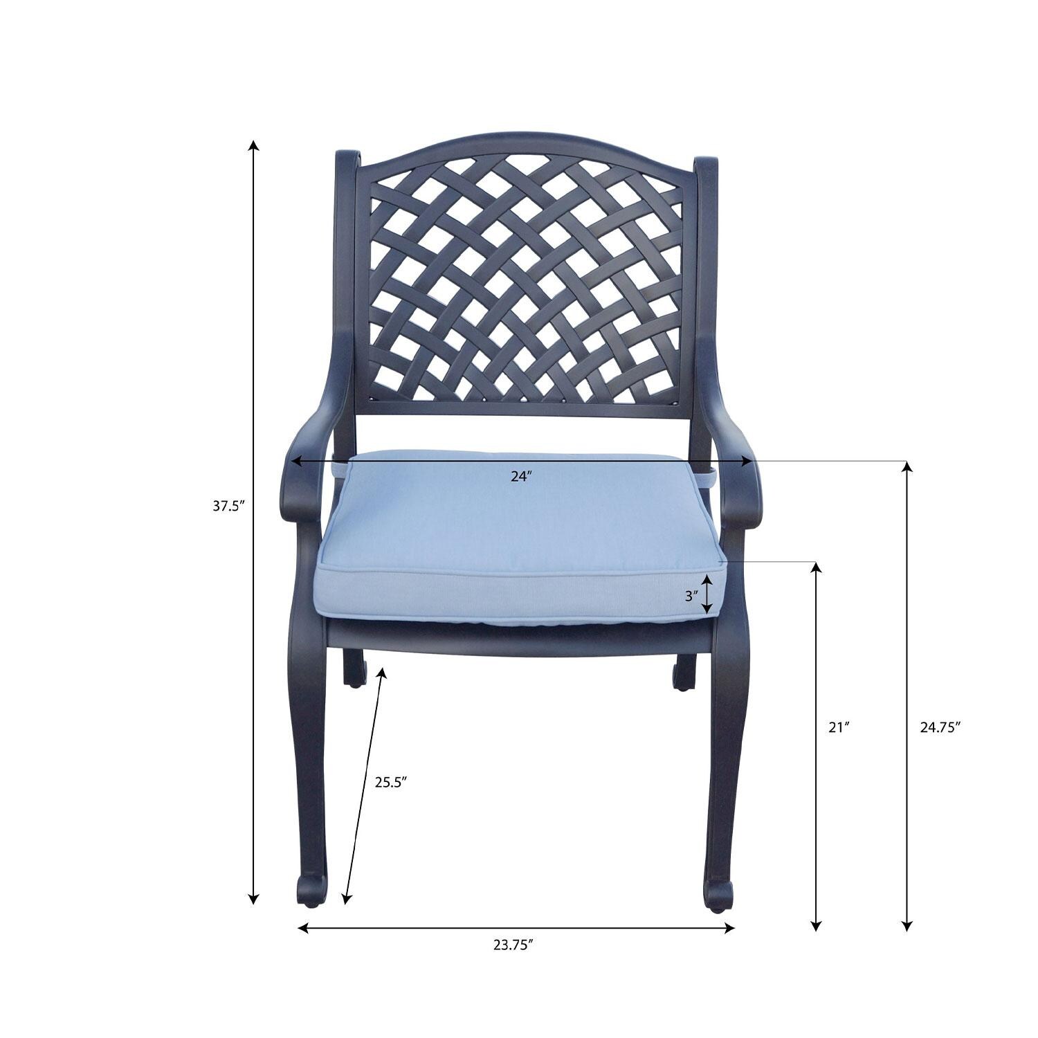 Nassau Cast Aluminum Dining Chair in Antique Bronze/Sky Blue by Darlee - Dimensions (W/ Cushion) - Dimensional thumbnail