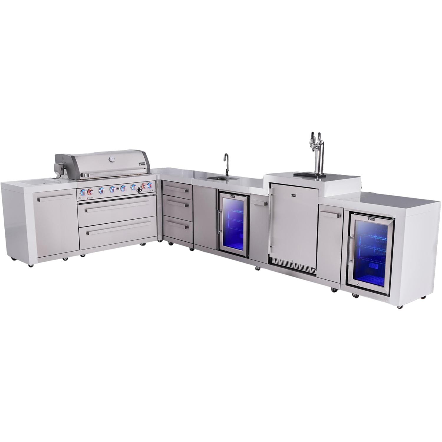 Mont Alpi Deluxe Series 12 Ft L-Shaped Natural Gas Outdoor Kitchen Island w/ 32-in Grill, Side Burner, Beverage Center, Kamado Module & Triple Drawer (Ships Propane w/ Conversion Kit)