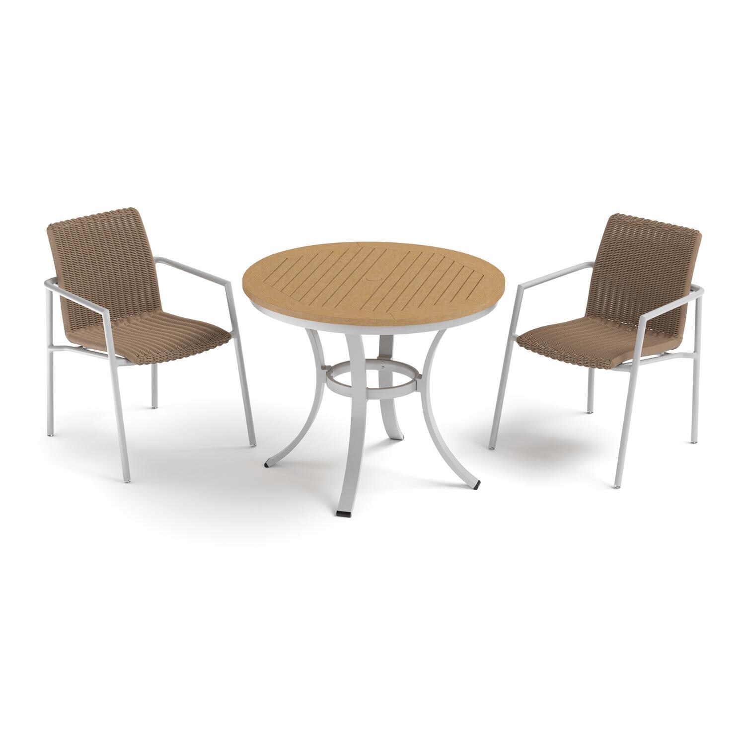 Oxford Garden Orso 3 Pc Wicker & Aluminum Arm Chair Bistro Set W/ Natural Tekwood Table Top in Flint/Sand - Front View thumbnail