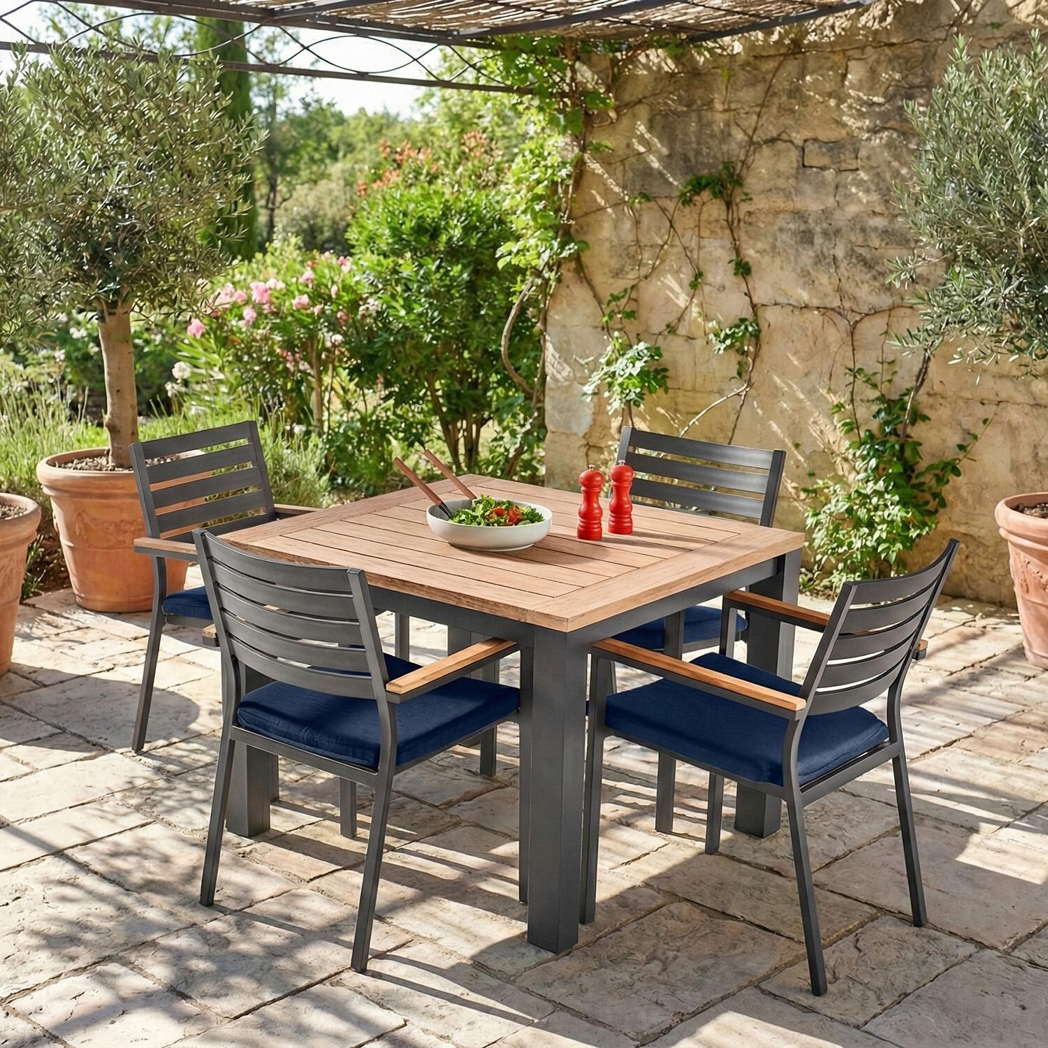 Elba 5 Pc Aluminum Dining Set w/ Teak Tabletop in Charcoal / Spectrum Indigo - On Patio - Lifestyle thumbnail
