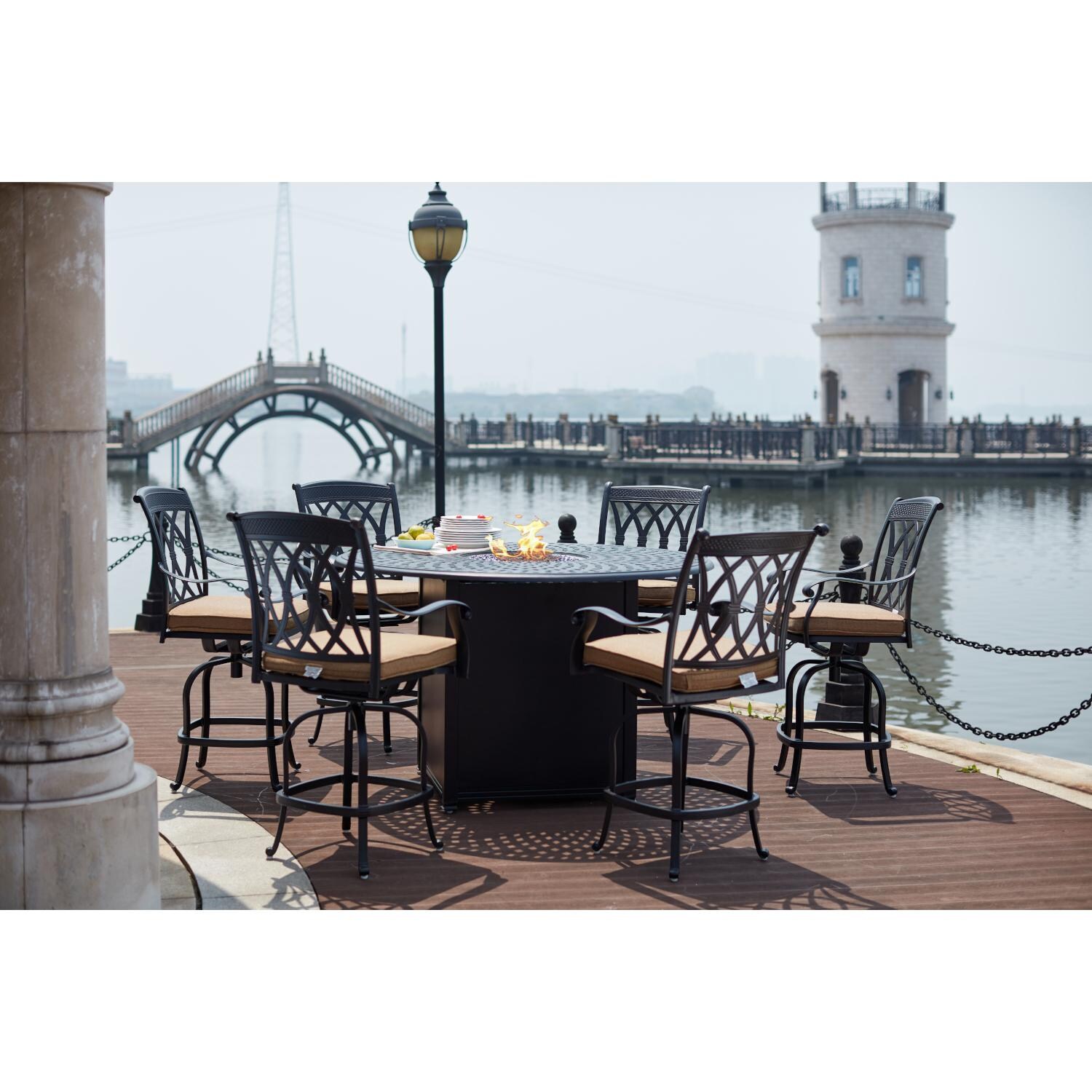 Darlee 201660-7PC-60GHD Capri 7 Piece Cast Aluminum Patio Counter Height Fire Pit Dining Table Set W/ 60 Inch Round Table - Lifestyle