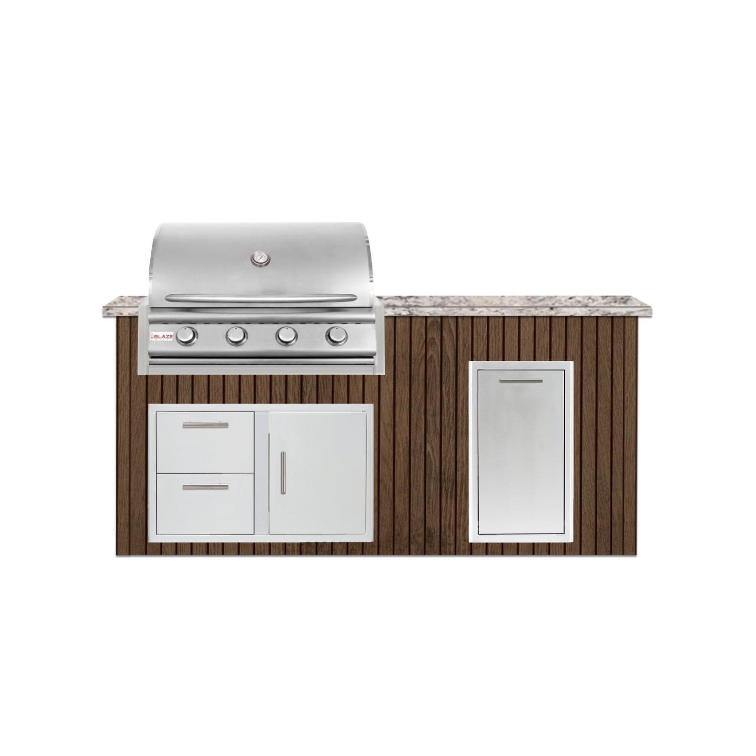 BBQGuys Signature 6 Ft Outdoor Kitchen Island w/ 32-in Blaze LBM Natural Gas Grill & Narrow Trash Bin | Toffee w/ White Valley Granite