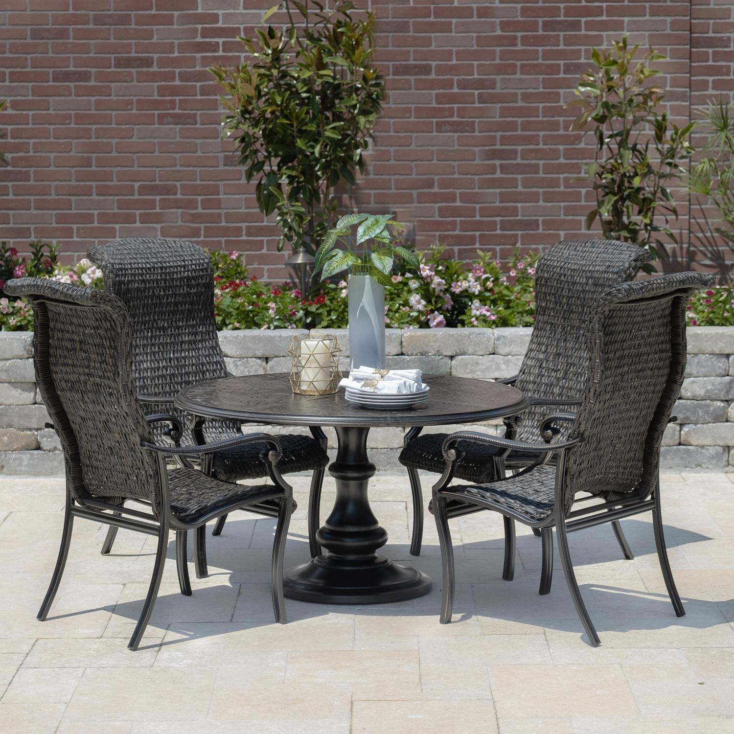 Du Monde 5 Piece Banana Leaf Wicker Patio Dining Set W/ 48 Inch Round Pedestal Dining Table By Lakeview Outdoor Designs