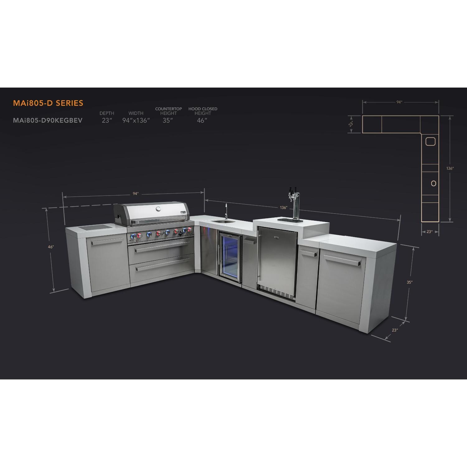 Mont Alpi 805 Deluxe Natural Gas Island w/ 90 Degree Corner, Kegerator & Beverage Center (Ships Propane w/ Conversion Kit) - Dimensions - Dimensional thumbnail