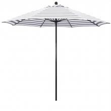 California Umbrella Oceanside Side 9 Ft Octagonal Fiberglass Patio Umbrella W/ Push Lift - Black Frame / Olefin Gray White Cabana Stripe Canopy