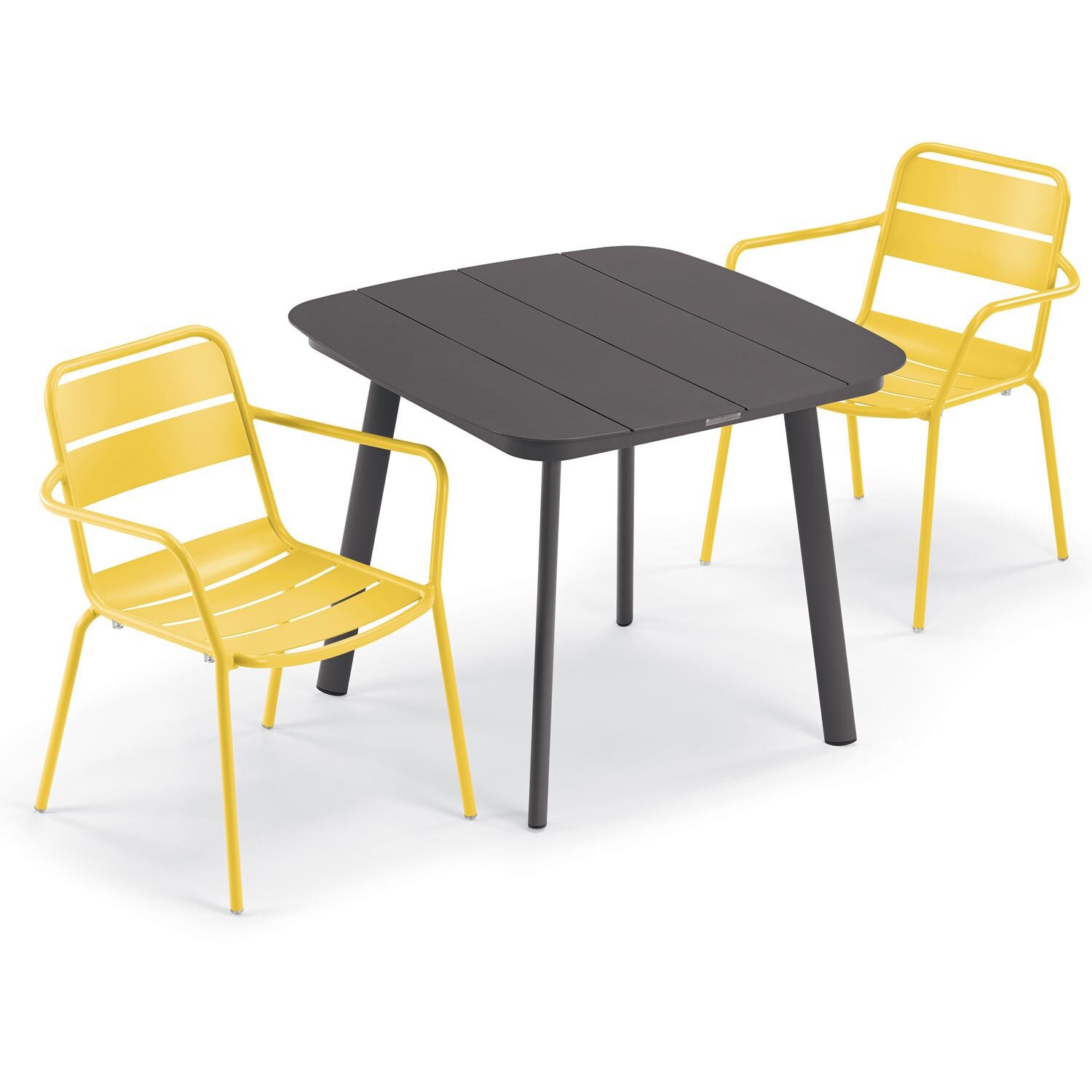 Oxford Garden Kapri 3 Pc Aluminum Dining Set W/ Arm Chairs in Carbon/Saffron - Top View thumbnail