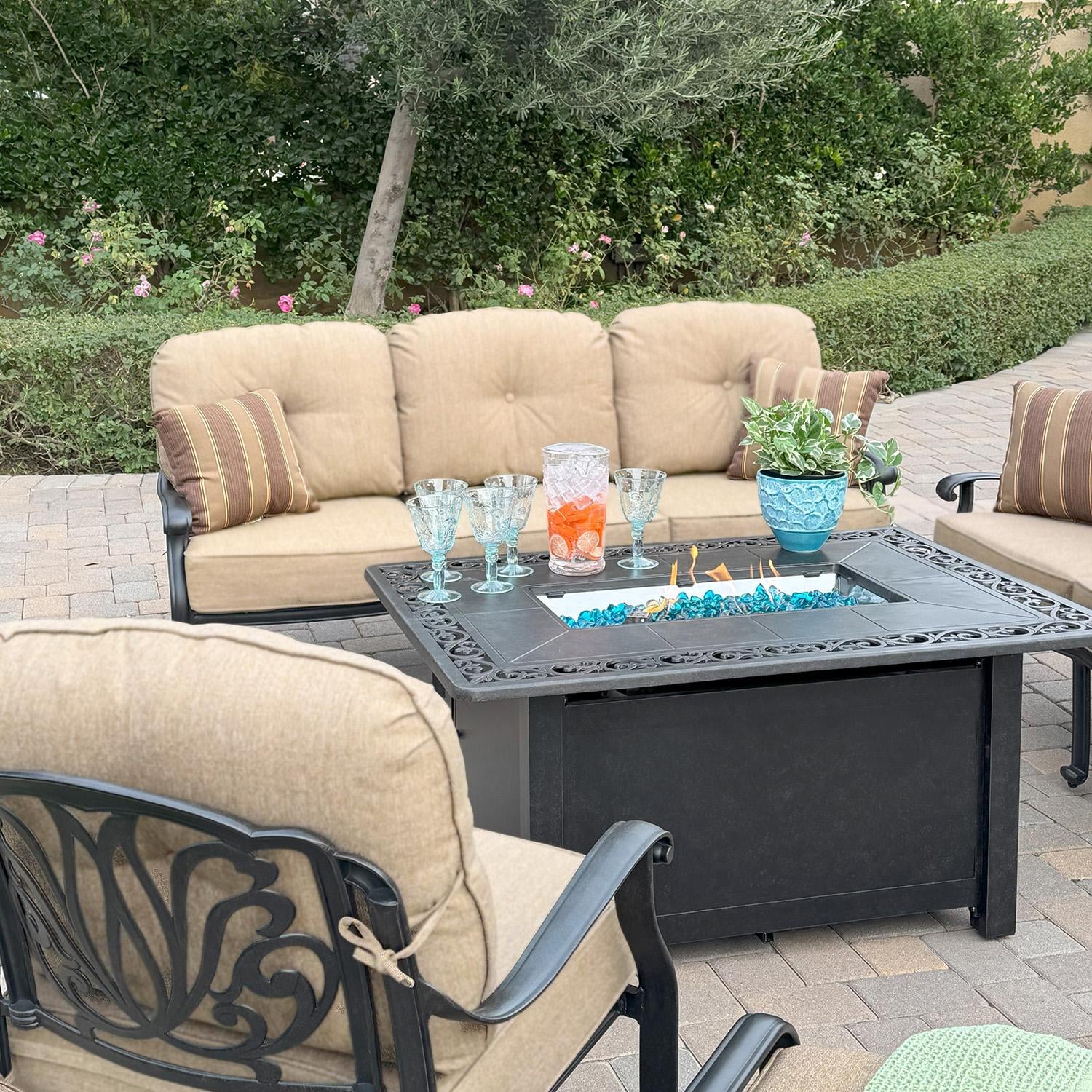 Darlee Elisabeth 5 Pc Cast Aluminum Fire Pit Seating Set w/ Loveseat, Sofa, Club Chair and Ottoman in Antique Bronze/Beige - Table 2 - Lifestyle thumbnail