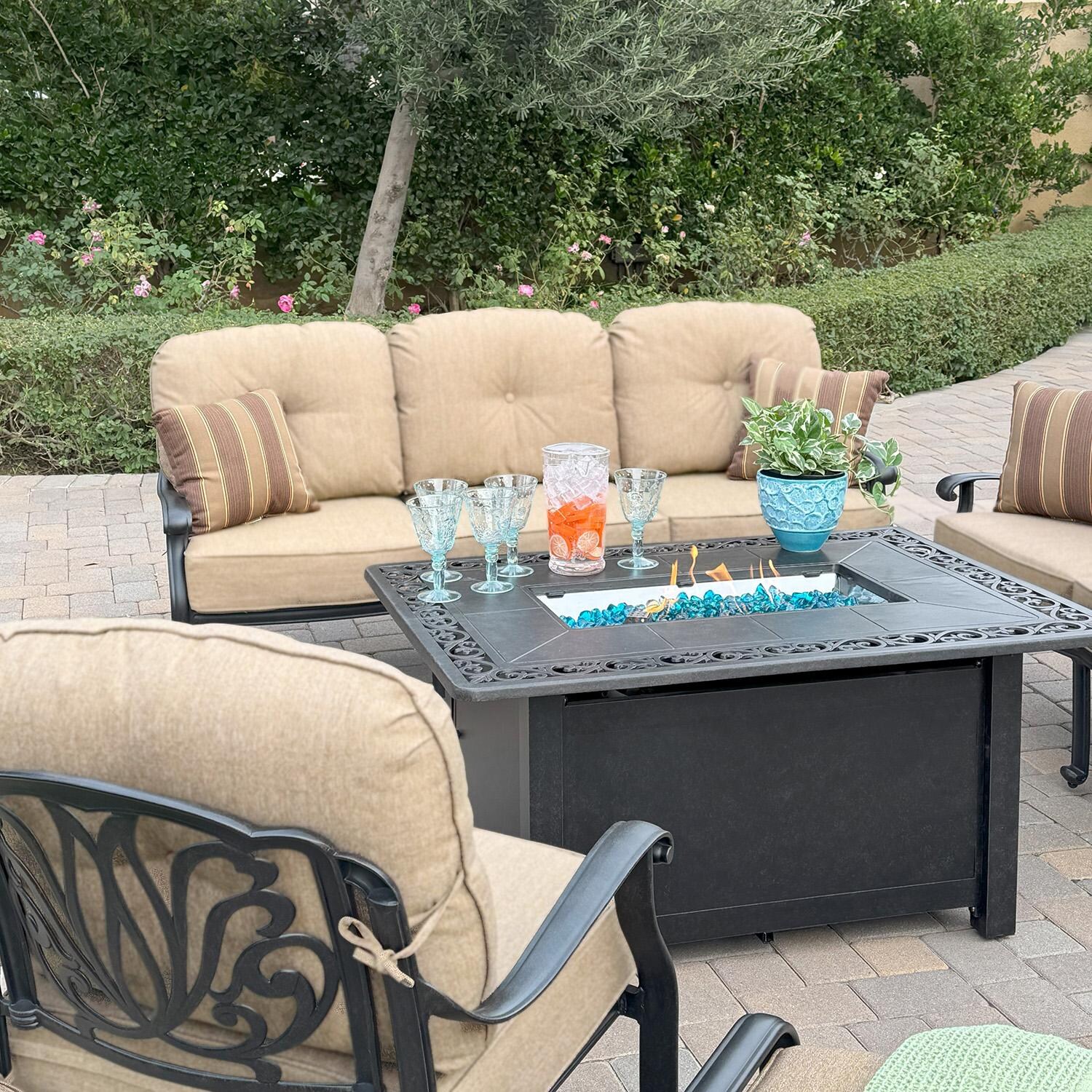 Darlee Elisabeth 5 Pc Cast Aluminum Fire Pit Seating Set w/ Loveseat, Sofa, Club Chair and Ottoman in Antique Bronze/Beige - Table 2 - Lifestyle thumbnail
