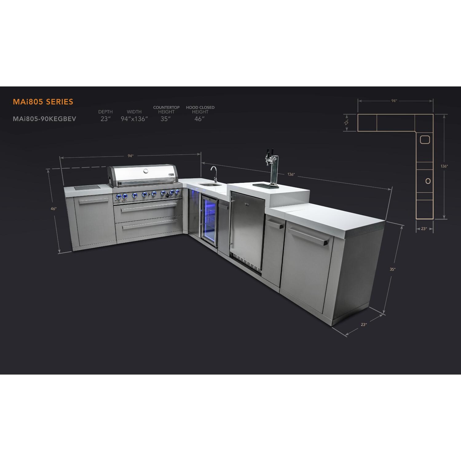 Mont Alpi MAi805-90KEGBEV 805 Propane Island W/ 90 Degree Corner, Kegerator & Beverage Center - Dimensions thumbnail