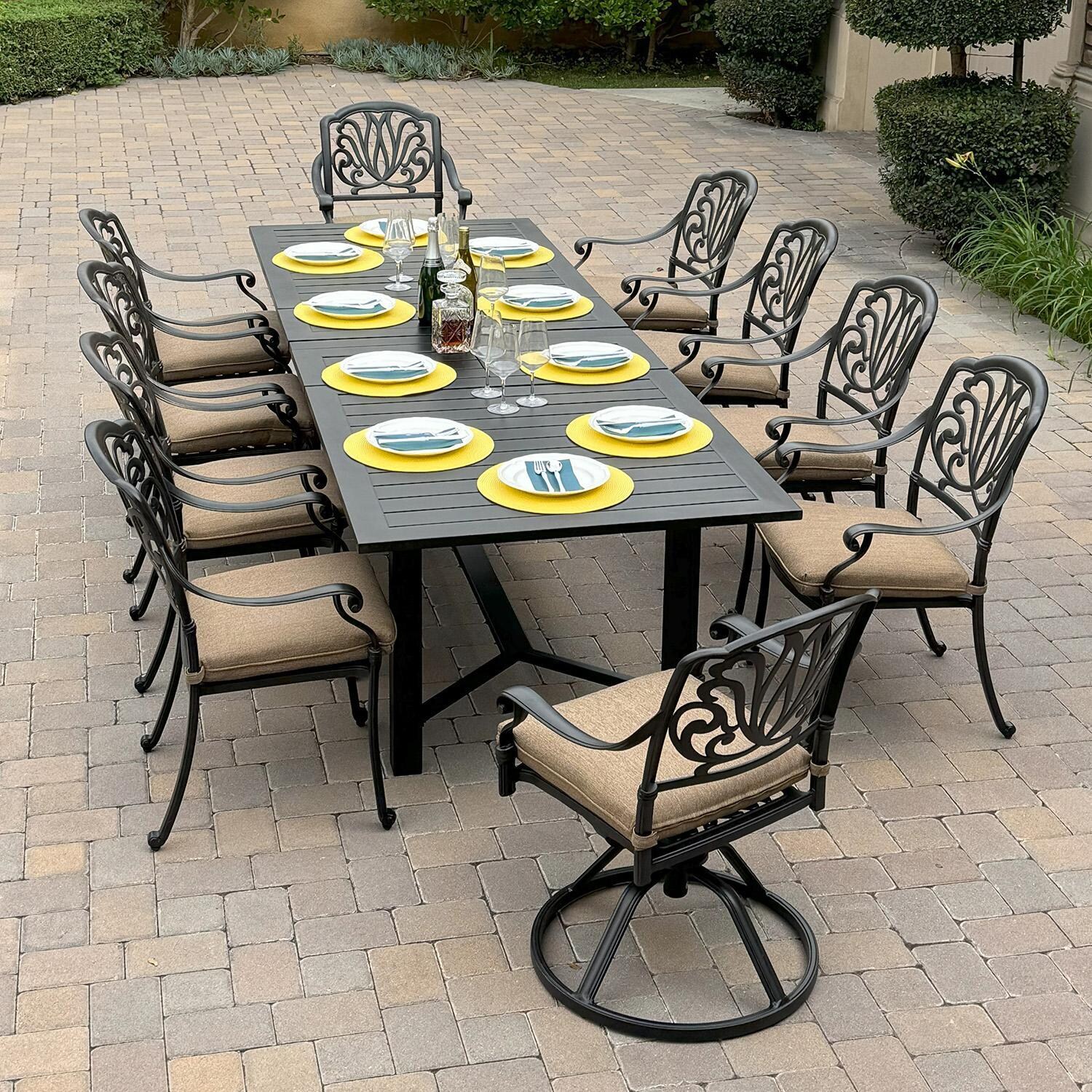 Elisabeth 11 Pc Cast Aluminum Dining Set w/ Extension & 2 Swivel Rockers in Antique Bronze by Darlee - On Patio - Lifestyle thumbnail