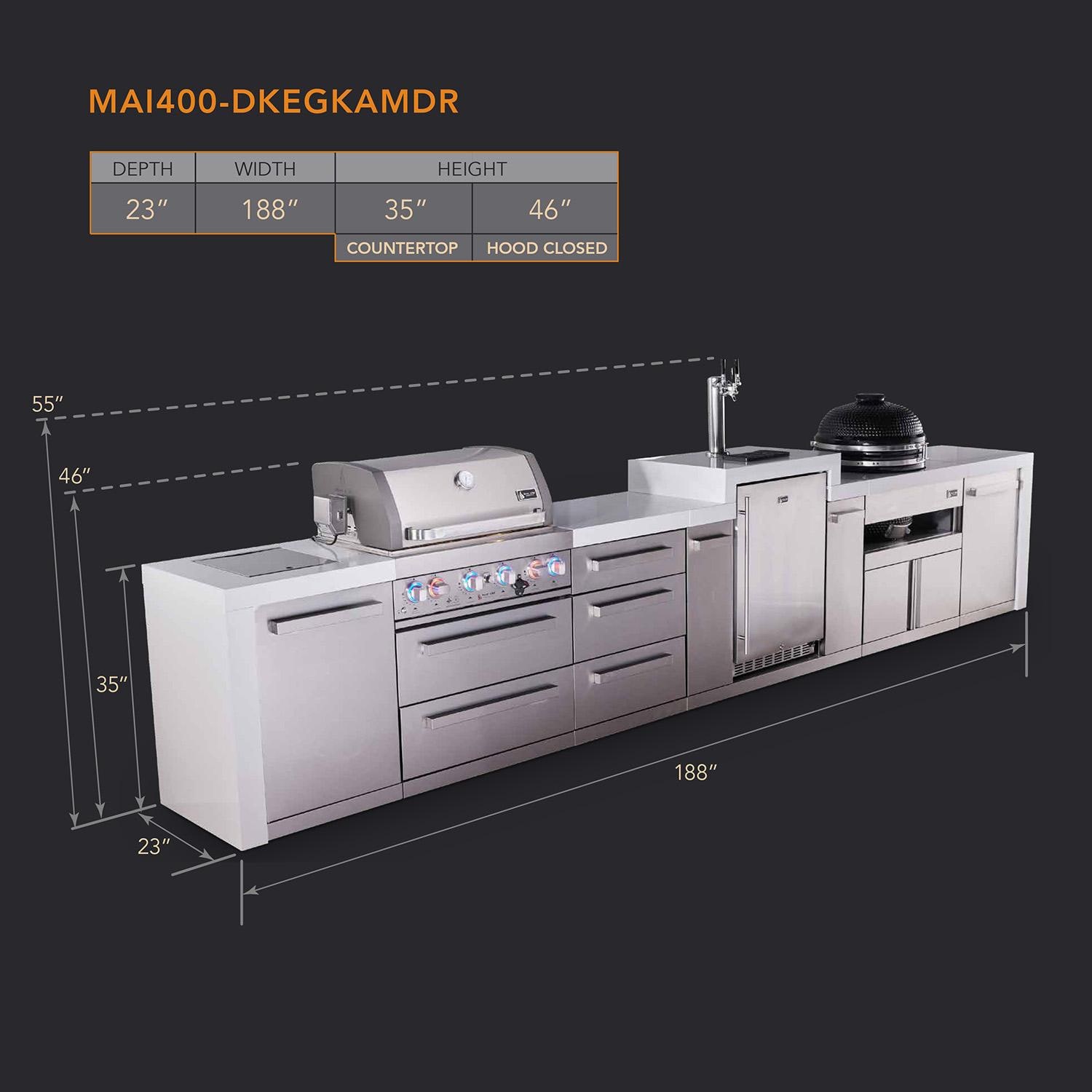 Mont Alpi Deluxe Series 15 1/2 Ft Natural Gas Outdoor Kitchen Island w/ 32-in Grill, Side Burner, Kegerator, Kamado Module & Triple Drawer (Ships Propane w/ Conversion Kit) - Dimensions - Dimensional thumbnail