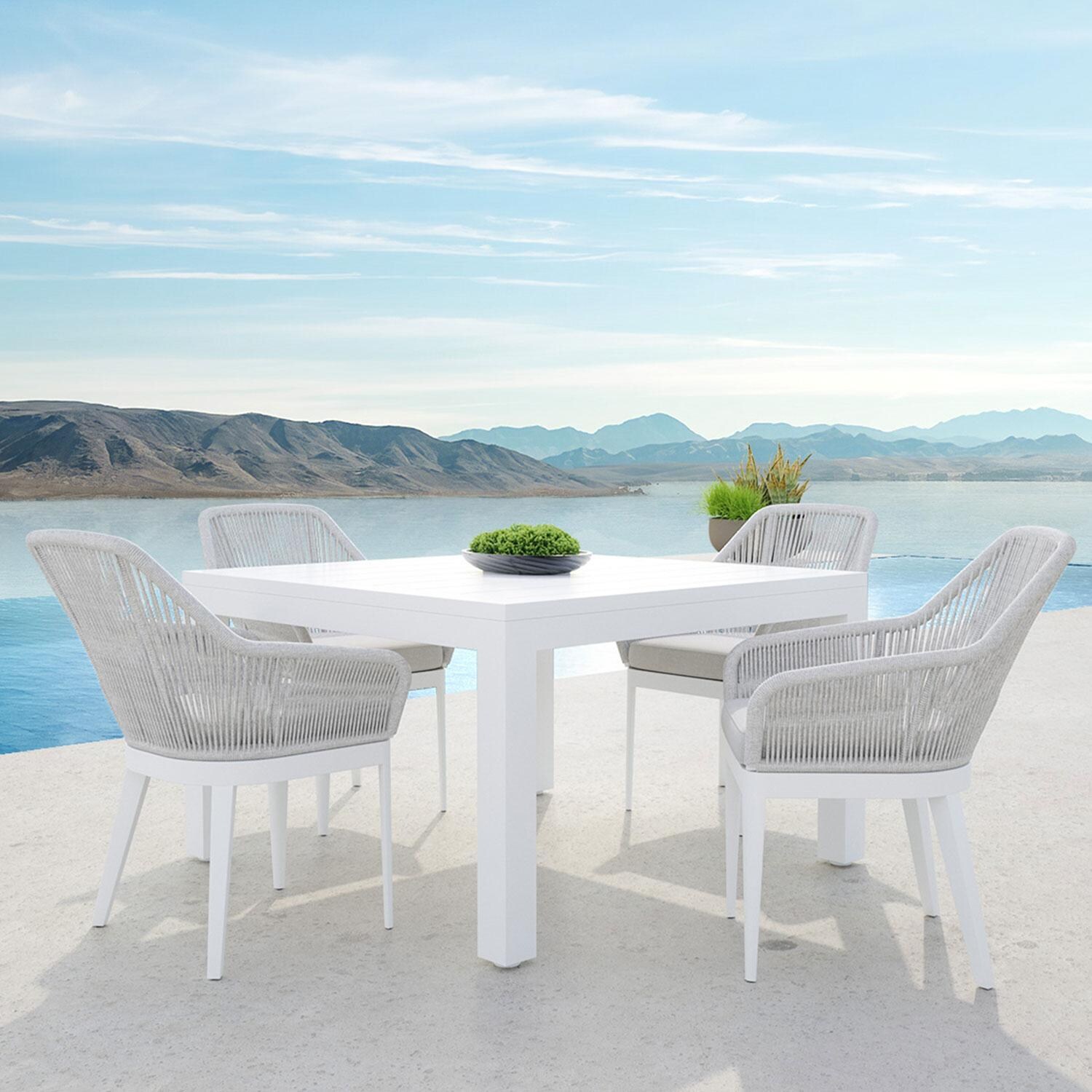 Miami Aluminum & Olefin Rope Patio Dining Chair in Echo Midnight w/ Self Welt By Sunset West - Oceanside View - Styled W/ Furniture Shown in Echo Ash (Only One Dining Chair Included) - Lifestyle thumbnail