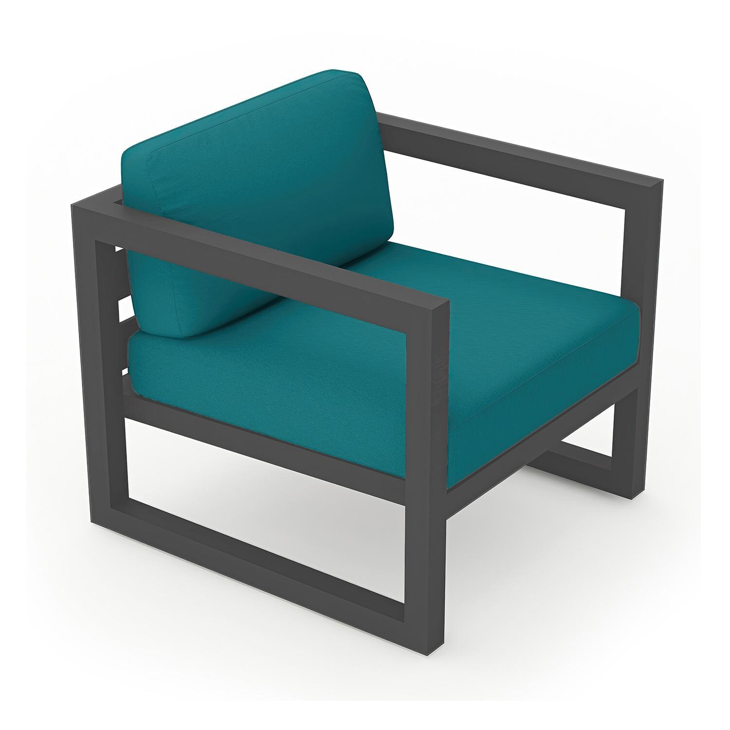 Misty Cove Aluminum Club Chair in Slate w/Spectrum Peacock Cushions by Lakeview - Angle View - White background thumbnail