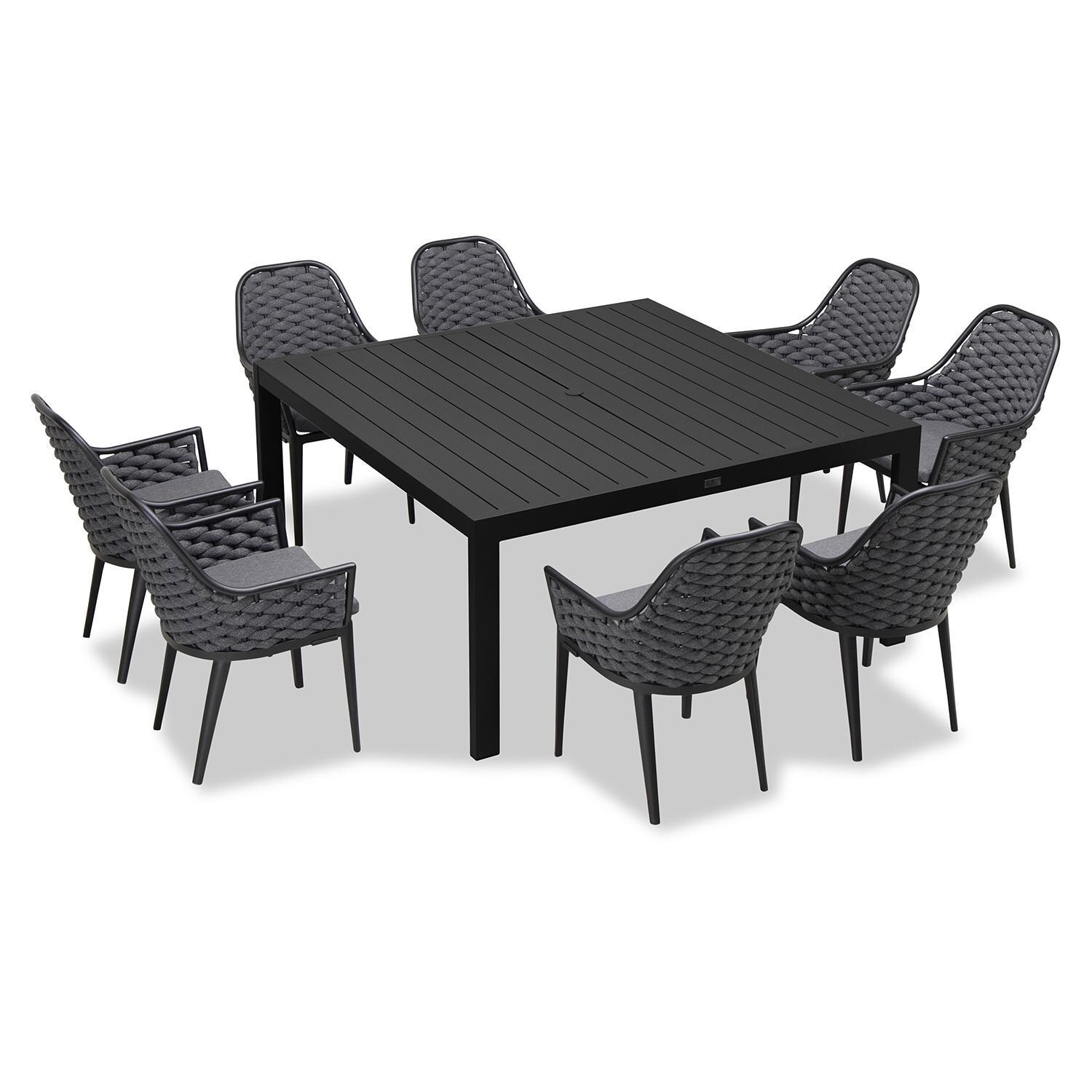 Chloe Bay 8 Seat Aluminum Square Dining Set in Black by Lakeview - Top Angle View - White Background thumbnail