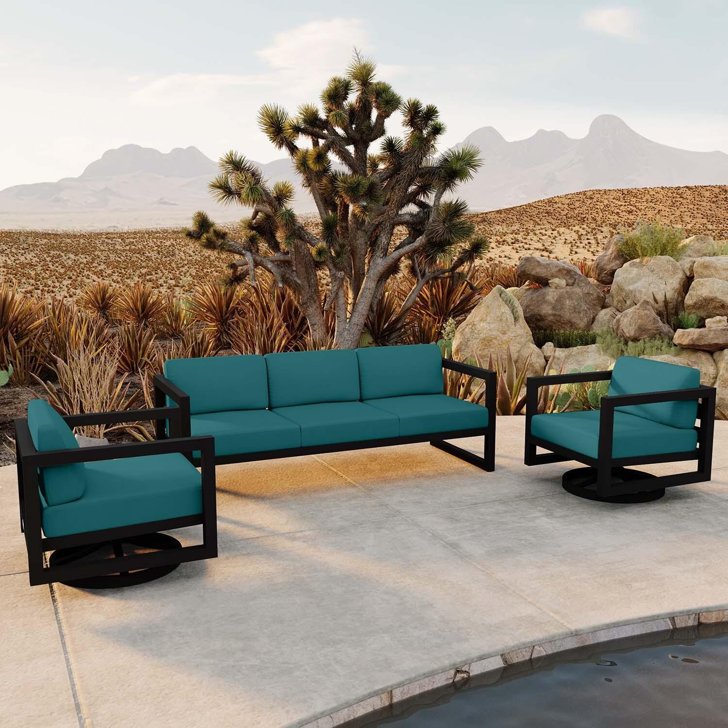 Misty Cove 3 Pc Aluminum Sofa Seating Set w/ Swivel Chairs in Black/Spectrum Peacock by Lakeview Outdoor Designs - Angled - Lifestyle thumbnail