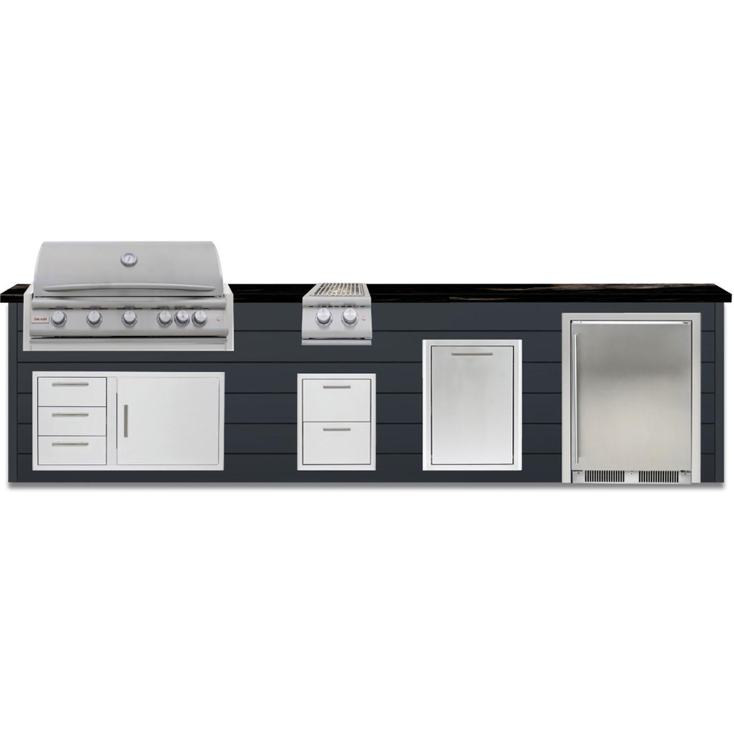 BBQGuys Signature 12 Ft Grill Island w/ 40-in Propane Blaze LTE+ Grill, Double Side Burner, Refrigerator, Narrow Trash Bin & Door & Drawer | Asphalt Gray w/ Nero Mist Granite - Front - White Background thumbnail