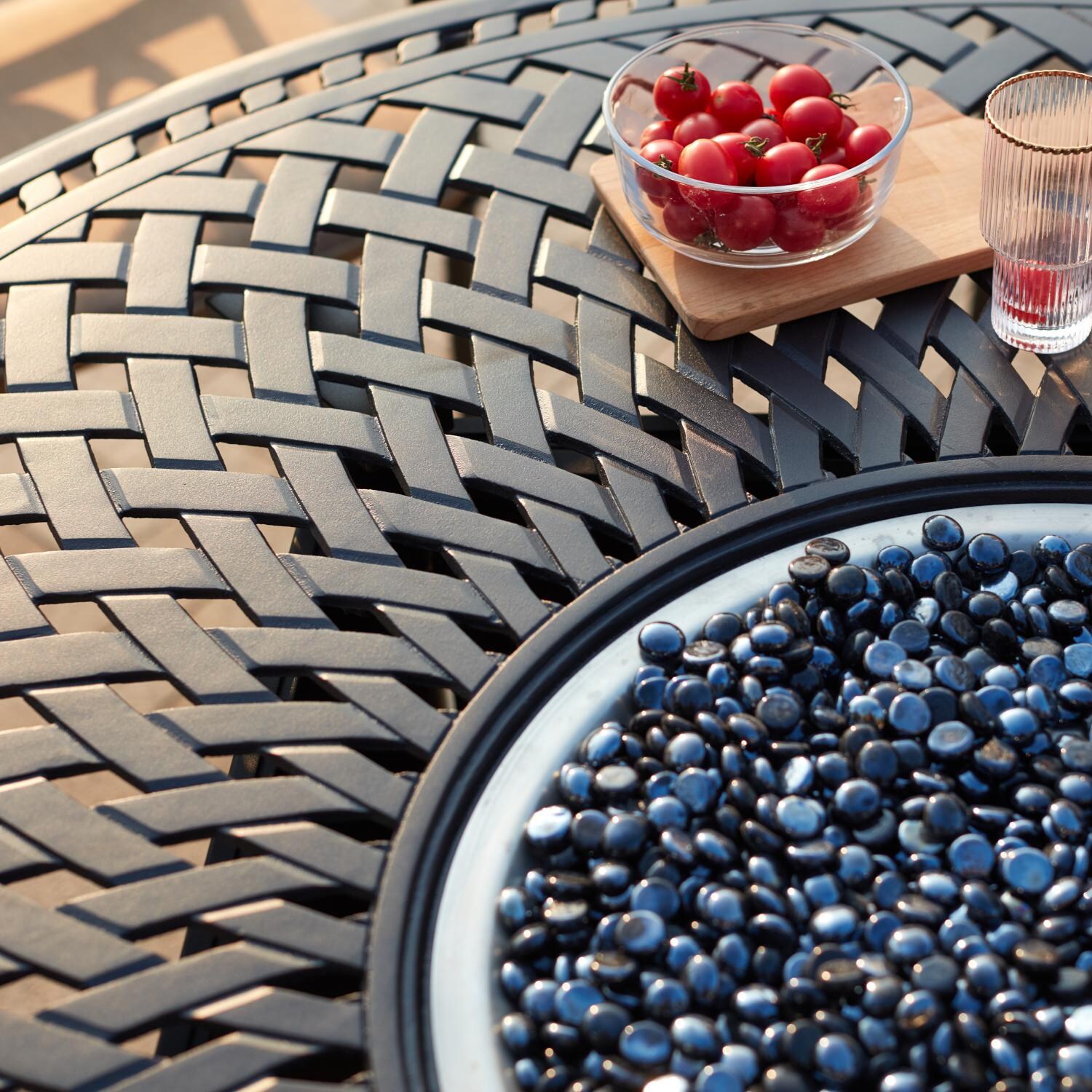 Darlee 301110-7PC-60GD Monterey 7 Piece Cast Aluminum Sling Patio Fire Pit Dining Set W/ 60 Inch Round Table - Table Top Detail thumbnail