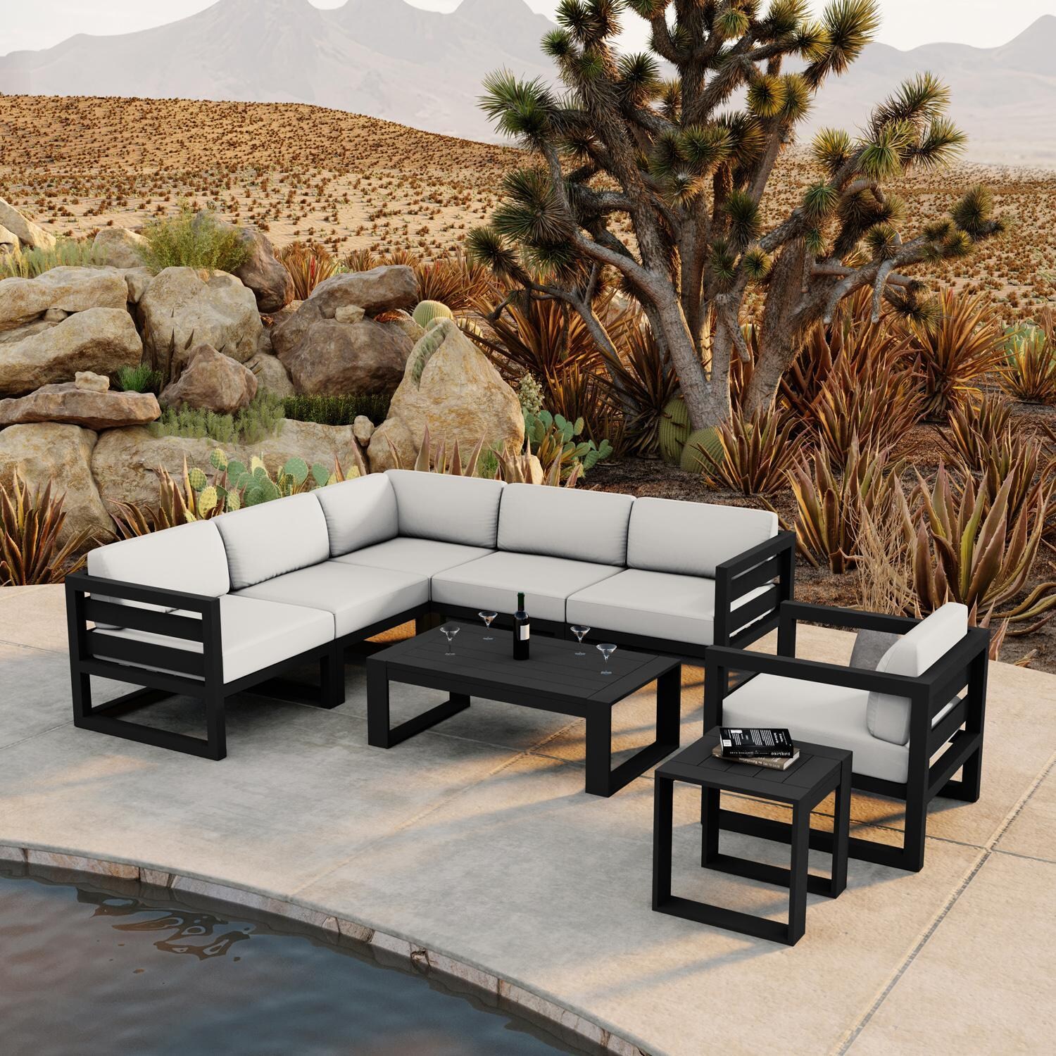 Lakeview MSTYCV-BK-8SEC-CN Misty Cove 8 Pc Aluminum Sectional Set in Black w/Coffee Table & Canvas Natural Cushions by Lakeview Outdoor Designs - Set by the Pool - Lifestyle thumbnail
