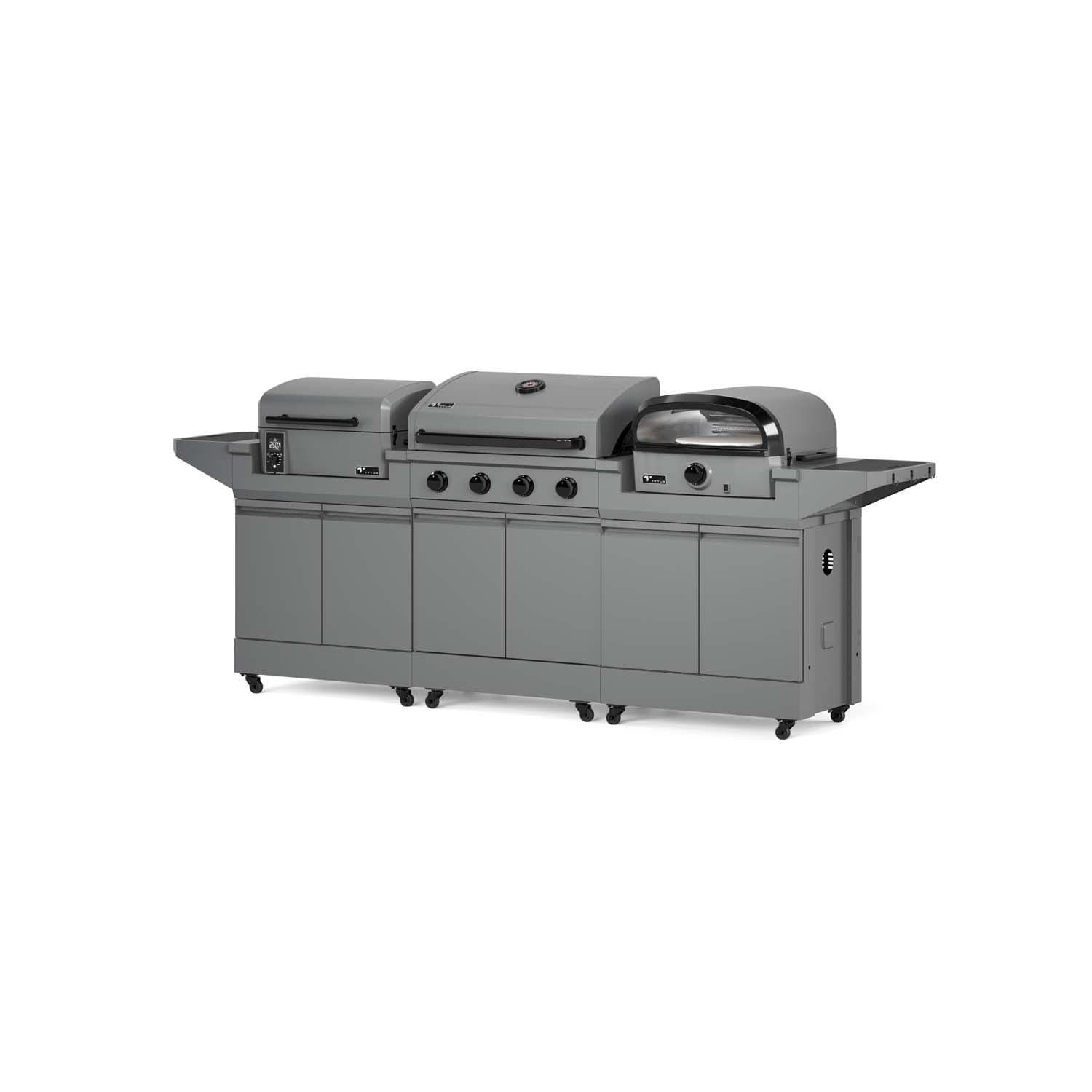 TYTUS TDT-BUN-008 Modular Trio w/ 32 Inch Propane Gas Grill, Pellet Smoker & Propane Pizza Oven - Left Angled View - White Background thumbnail