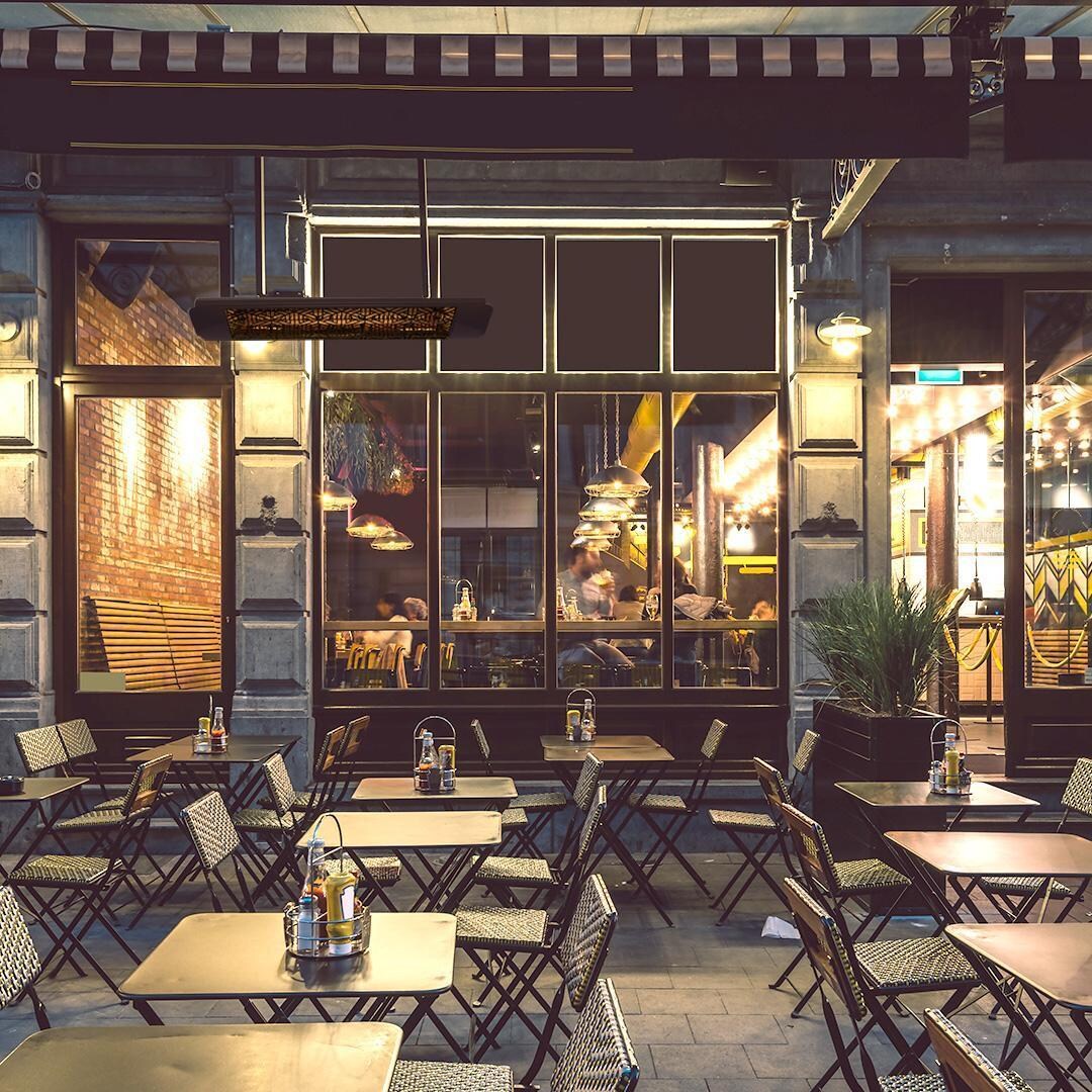 Eurofase EF30480S3 Mason Series 61 Inch 3000 Watt Single Element Marine Grade 480V Electric Patio Heater in Stainless Steel - Restaurant - Lifestyle