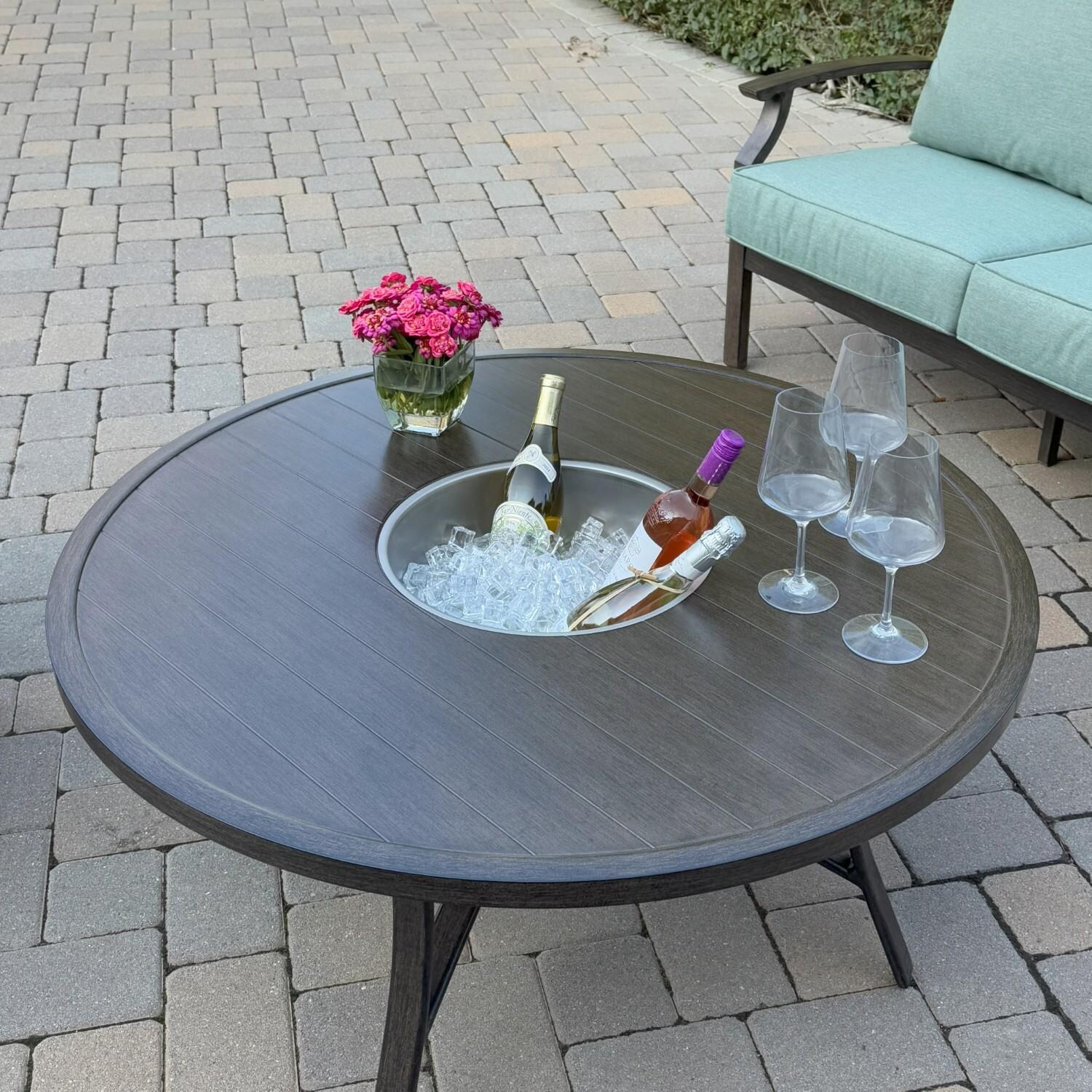 Atlantis 42-in Walnut Aluminum Coffee Table w/ Ice Bucket Insert by Darlee - Table w/ Ice Bucket From Above - Lifestyle thumbnail
