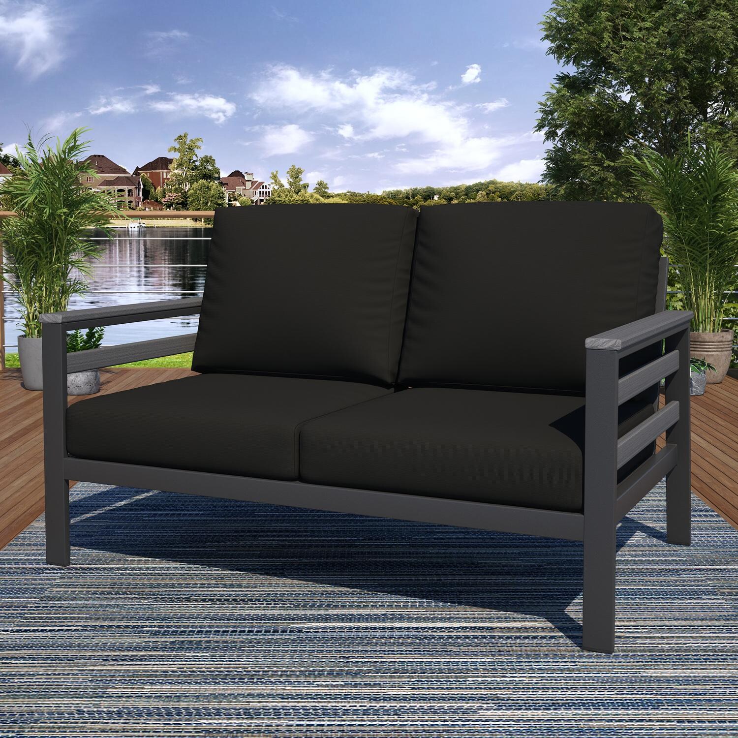 Lakeview NC6400TANGSLAT-9PC-CB Oasis Bay 9 Pc Aluminum Seating Set w/ Slat Side Panels in Gray/Canvas Black - Loveseat - Lifestyle thumbnail