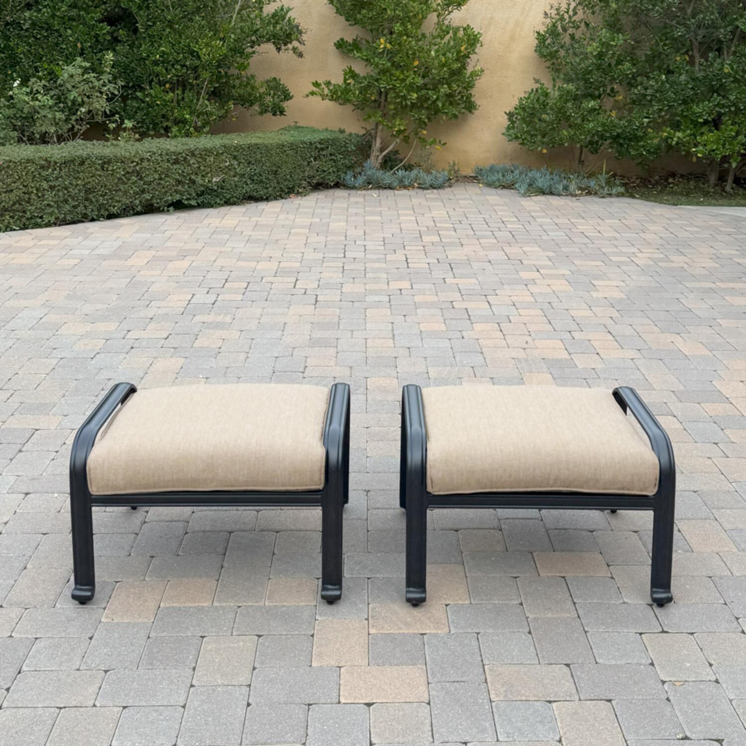 Darlee Elisabeth 6 Pc Cast Aluminum Fire Pit Sofa Seating Set w/ 47 Inch Table & Throw Pillows in Antique Bronze/Beige - Ottomans - Lifestyle thumbnail
