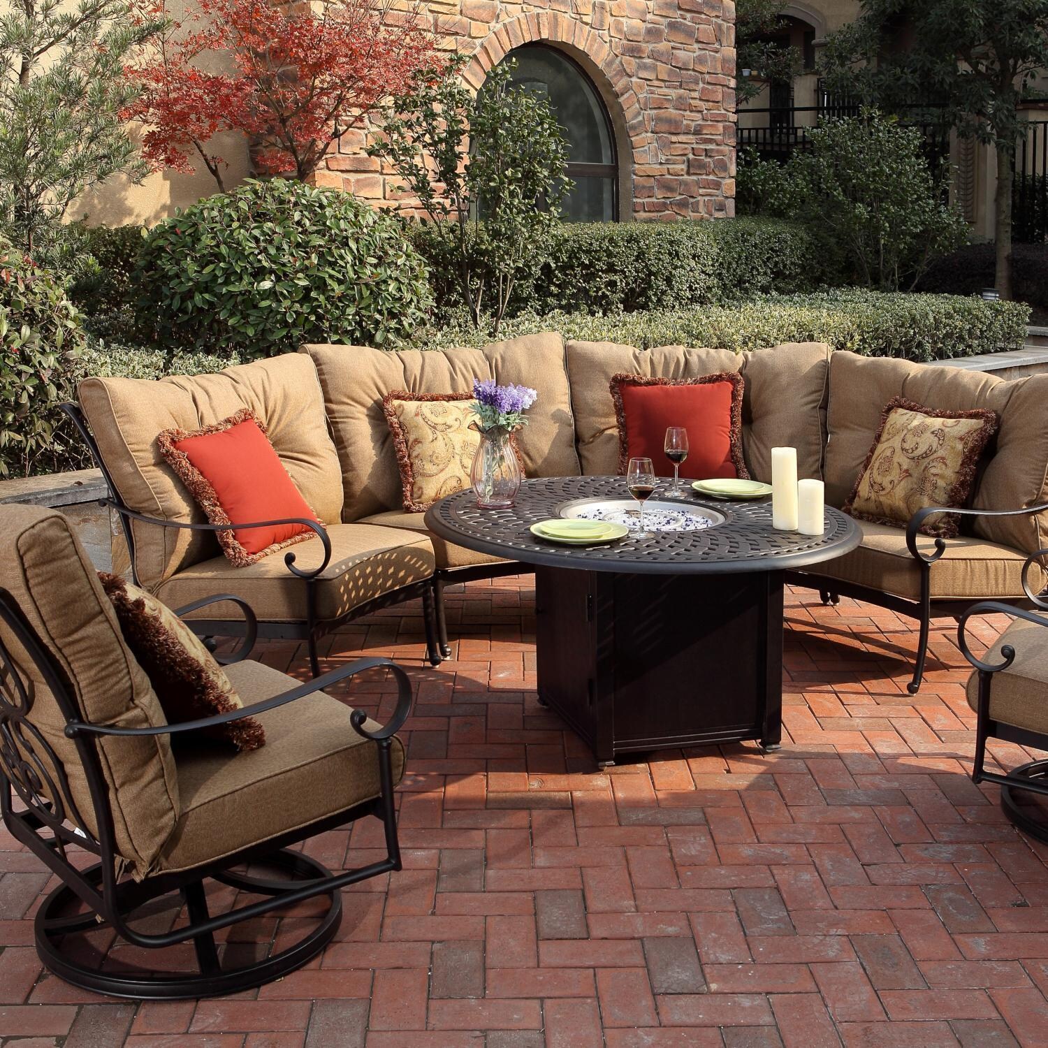 Santa Anita 7 Pc Cast Aluminum Sectional Fire Pit Seating Set w/ 52-in Signature Table & 2 Swivel Rockers in Antique Bronze/Heather Beige Sunbrella by Darlee