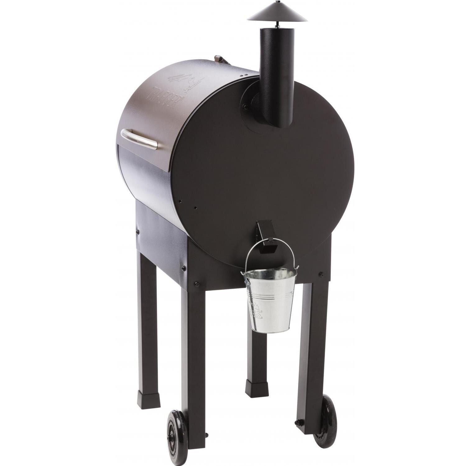 Traeger Lil Tex Elite 22 Pellet Grill On Cart - Side View with Grease Bucket thumbnail