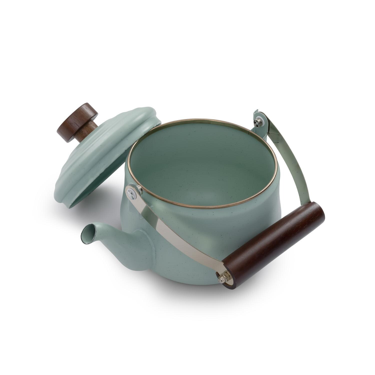 Barebones Living CKW-433 Enamel Teapot - Mint - Shown With Lid Off thumbnail