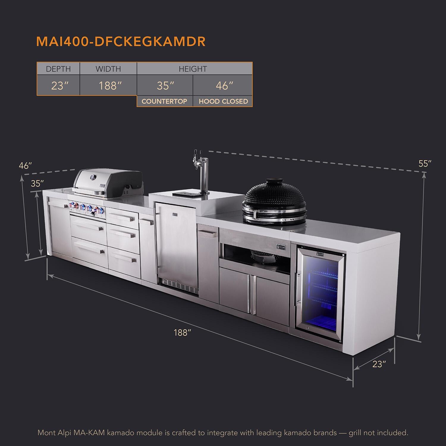 Mont Alpi Deluxe Series 15 1/2 Ft Propane Outdoor Kitchen Island w/ 32-in Grill, Side Burner, Kegerator, Fridge, Kamado Module & Triple Drawer - MAi400-DKEGFCKAMDR - Dimensions - Dimensional thumbnail