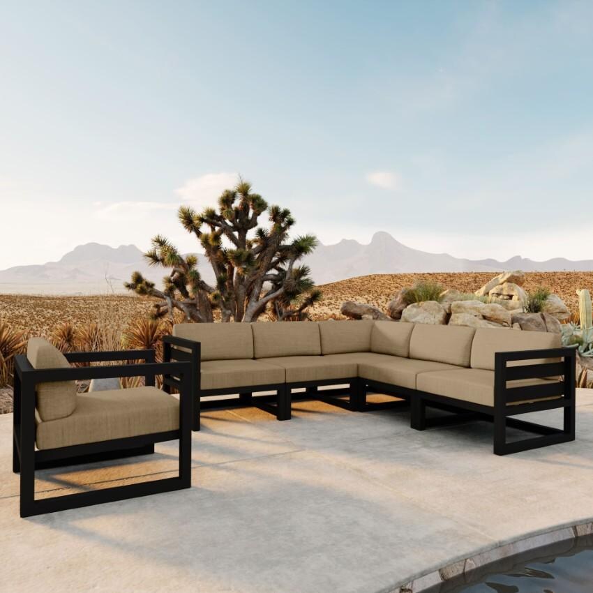 Lakeview Misty Cove 6 Pc Aluminum Sectional Set in Black w/Club Chair & Heather Beige Cushions by Lakeview Outdoor Designs - On the Patio - Lifestyle thumbnail